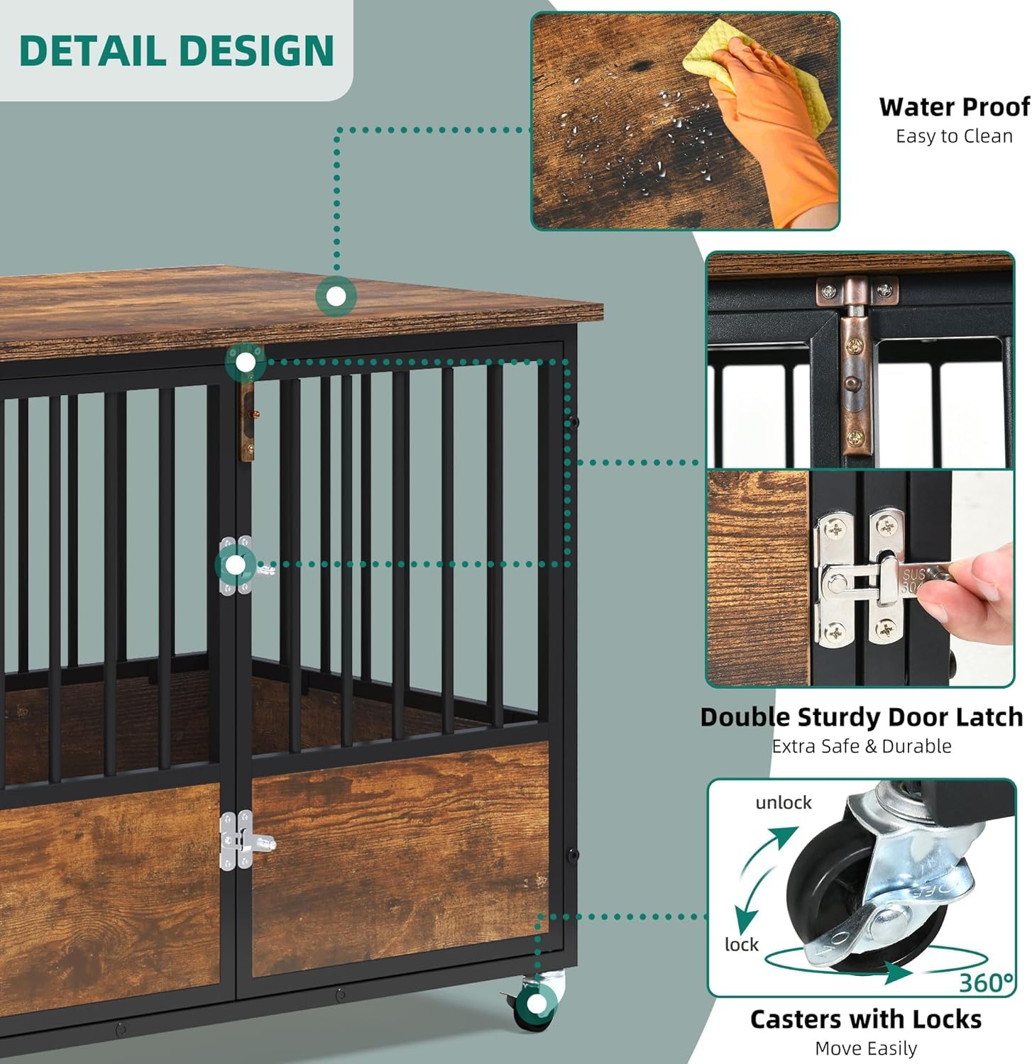 YITAHOME Rustic Heavy Duty Dog Crate Furniture with Wheels, Double-Doors Metal Dog Kennel Indoor for Small Medium Dogs, Decorati