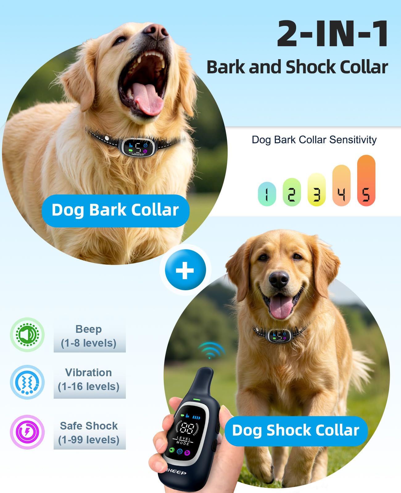 2-In-1 Dog Shock Collar And Bark Collar For Dogs - 3300Ft Dog Training Collar With Remote, Ip67 Waterproof E Collar With Anti-Ba