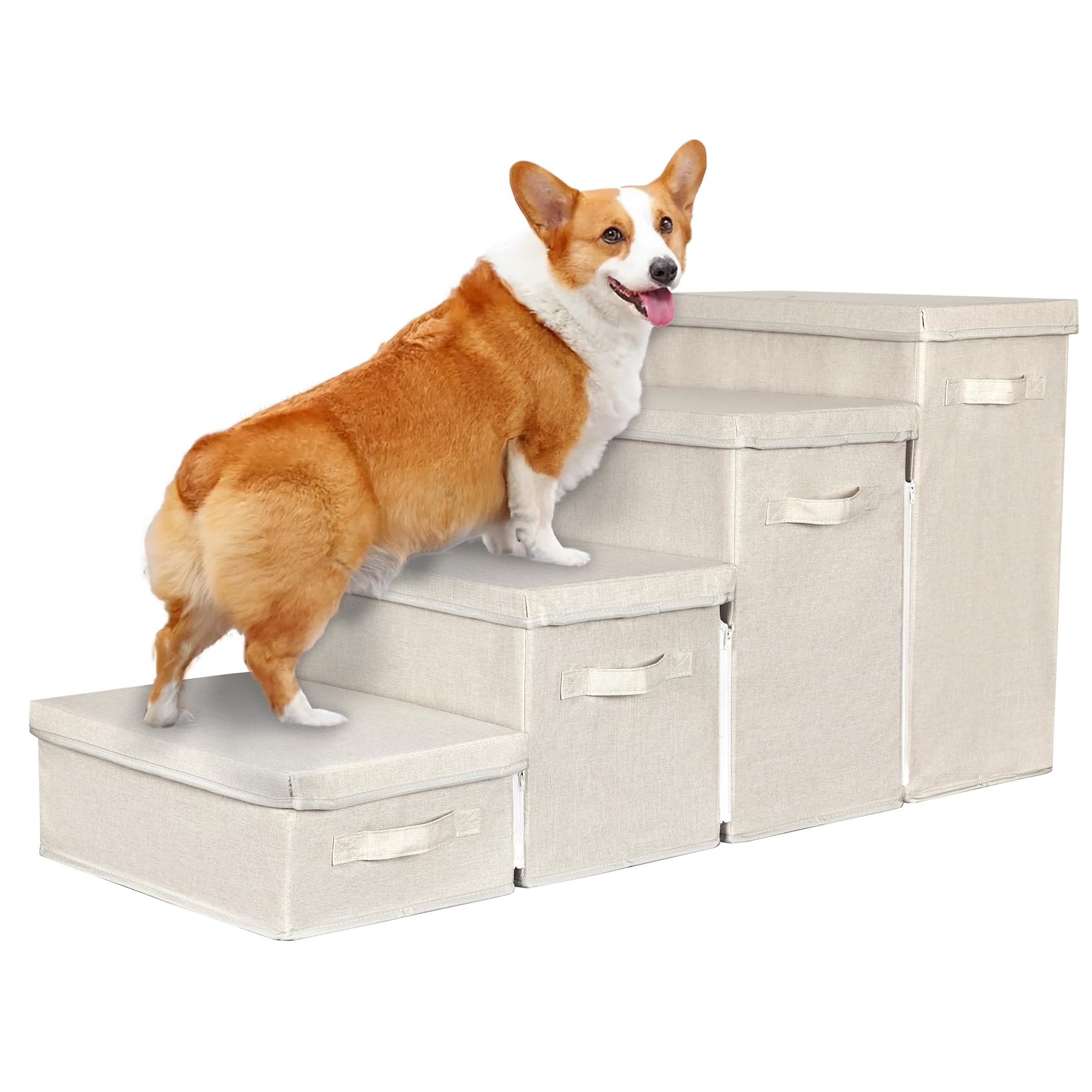 Weavelyrics Dog Stairs With Storage, 4-Step Folding Pet Steps For Small Dogs And Cats, Pet Steps Storage With Zip, Pet Stairs Fo