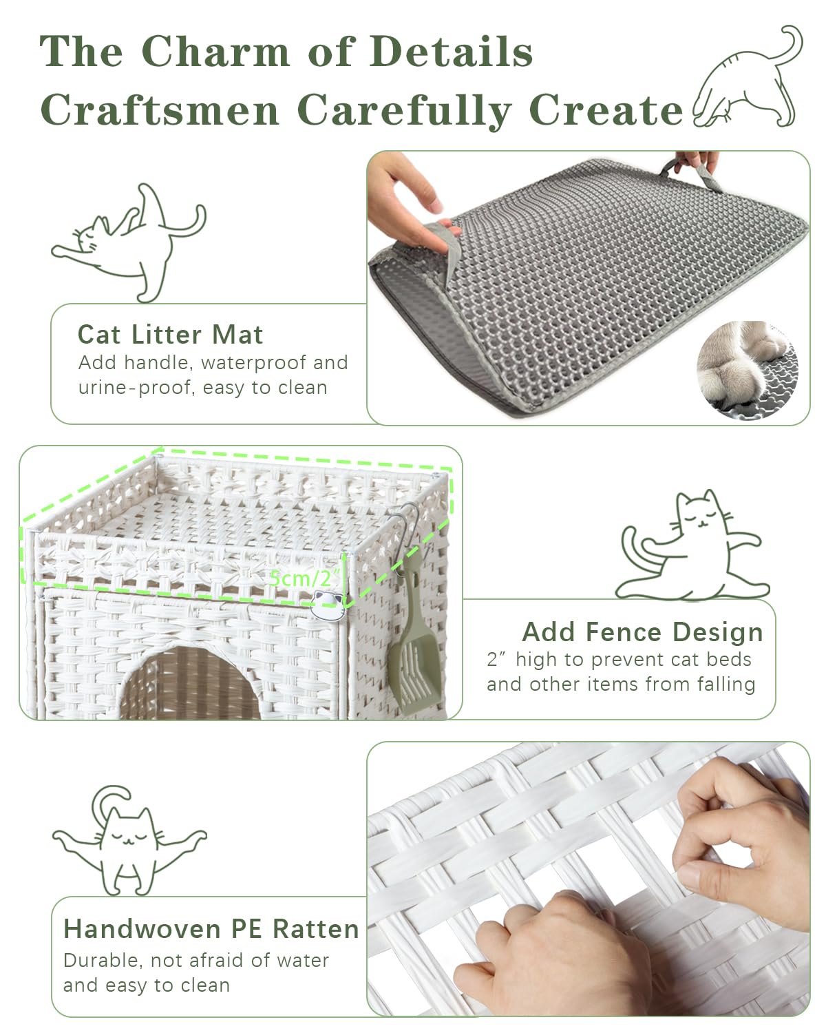 Setvson Cat Litter Box Enclosure Furniture, Hidden Litter Box With Mat And Fence, Handwoven Rattan Cat House With Two S-Shaped H