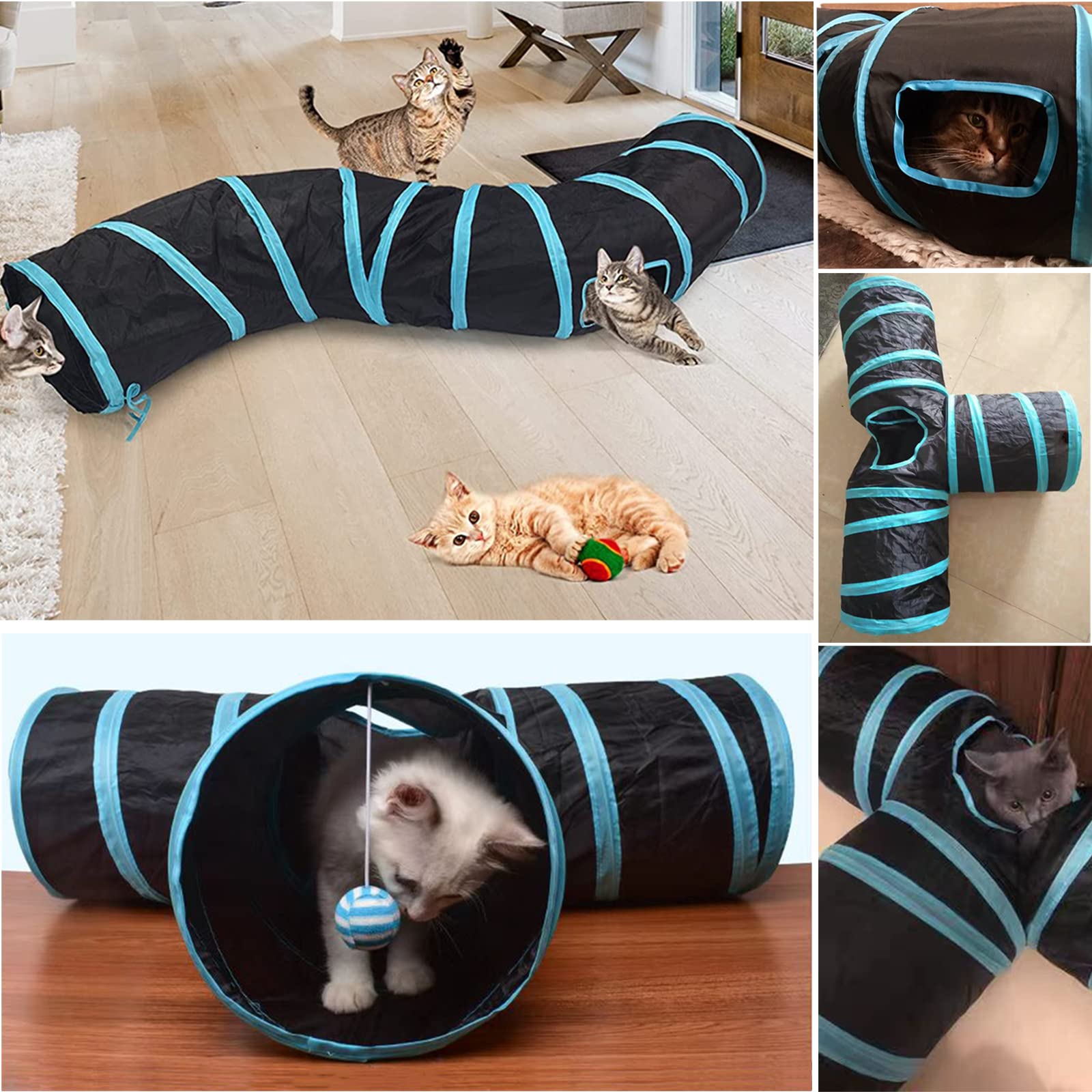Cat Tunnel Tube, Long Collapsible Tunnels Indoor With Peek Hole, 2Pack S-Shaped & 3Way Tubes Maze Play Toy Black For Cat Kitten