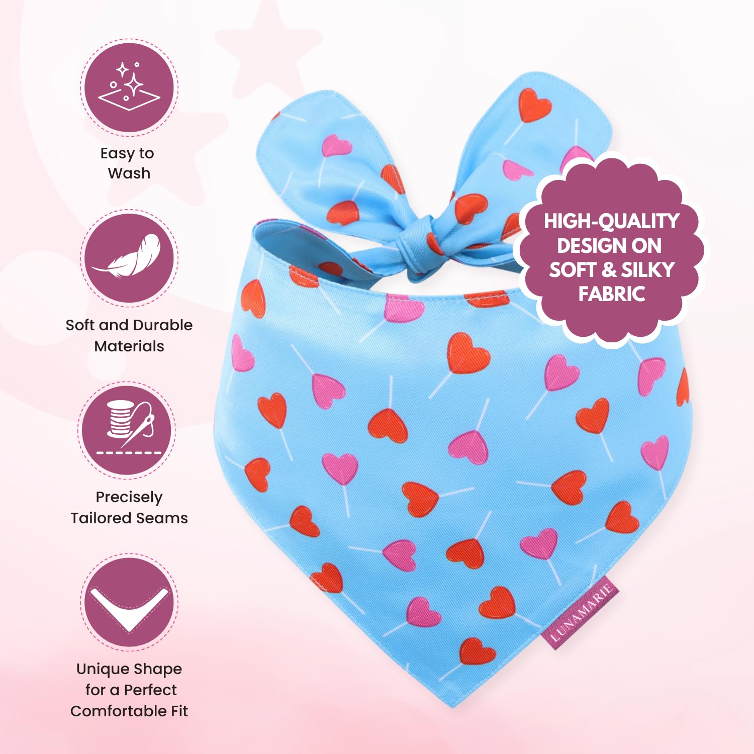 LunaMarie - Luxury Pet Birthday Bandanas -Premium & Silky Poly Fabric | 100% Handmade | Custom Shape Dual Layered (LoviePop, Sma