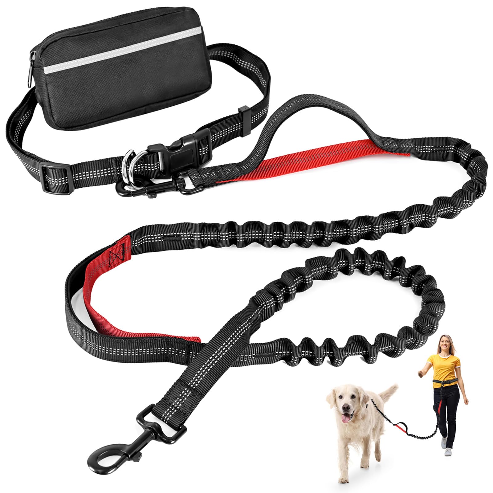 Petstars Hands Free Dog Leash With Zipper Pouch, Retractable Bungee Waist Leash With Dual Padded Handles & Waist Belt Fanny Pack