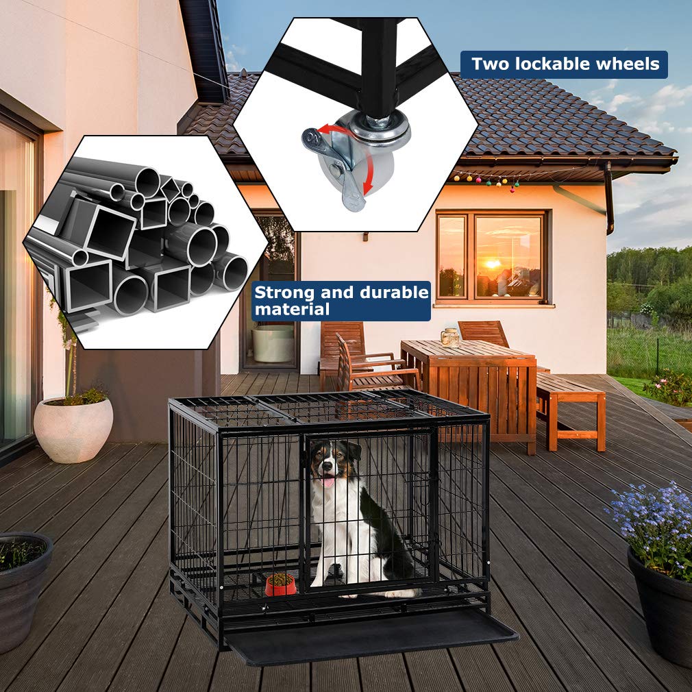 Dog Crate Cage For Large Dogs Heavy Duty 48/42/36Inches Dog Kennel Pet Playpen For Training Indoor Outdoor With Plastic Tray Dou