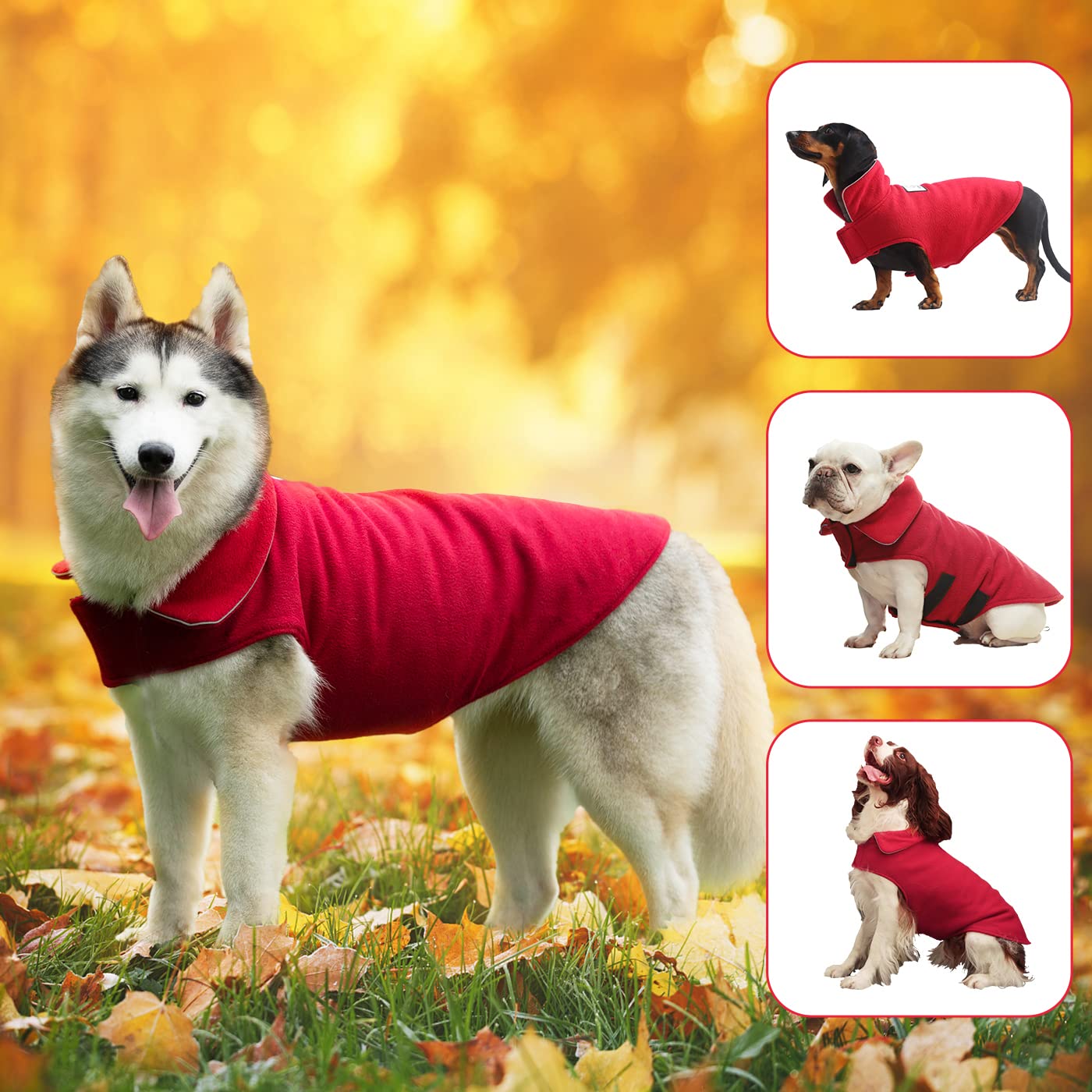 Fleece Dog Coat Pet Jacket Reflective For Cold Weather For Extra Large To Small Pets(Red,S)