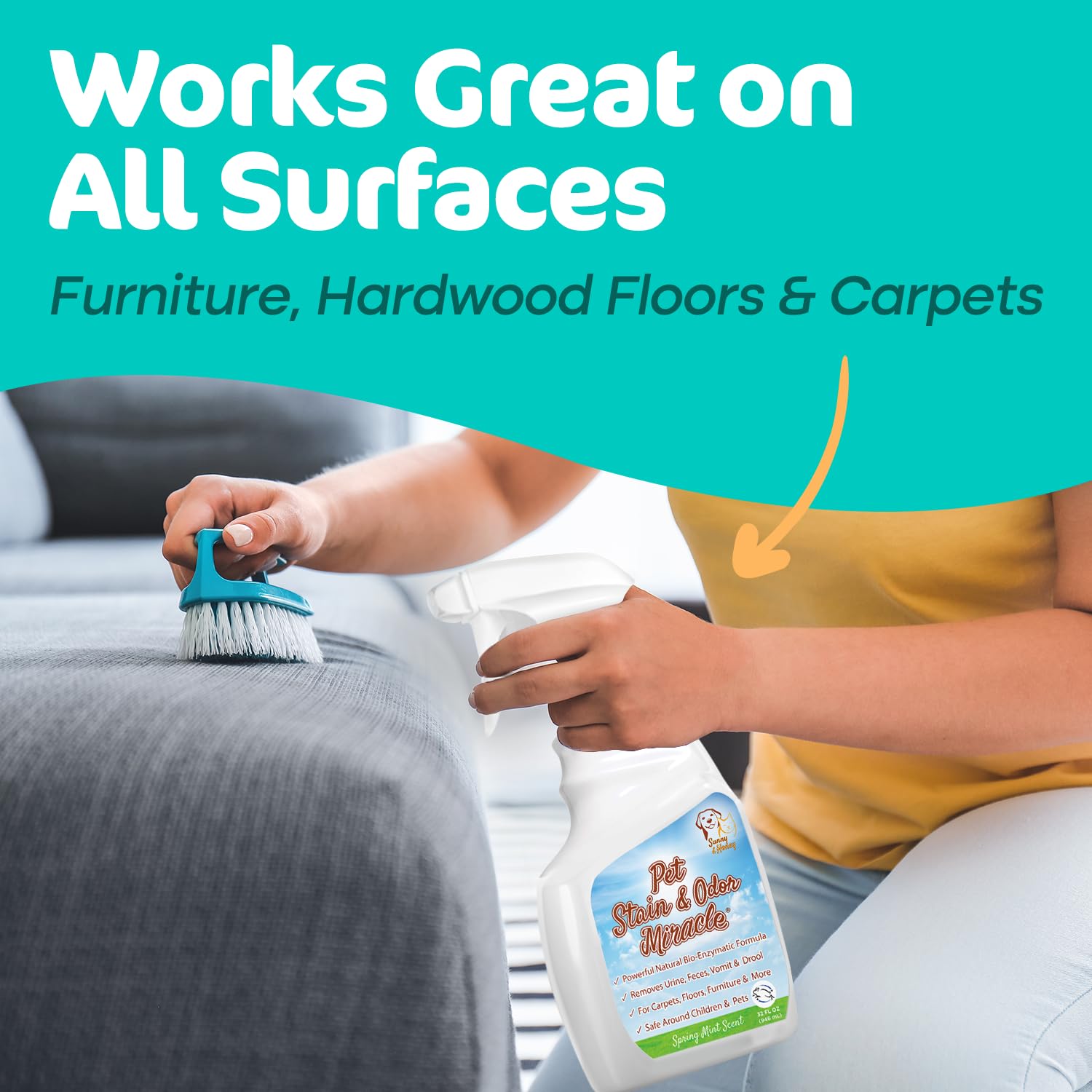 Sunny & Honey Pet Stain & Odor Miracle - Enzyme Cleaner For Dog Urine Cat Pee Feces Vomit, Enzymatic Solution Cleans Carpet Rug Car Upholstery Couch Mattress Furniture, Stain Eliminator (32Fl Oz)