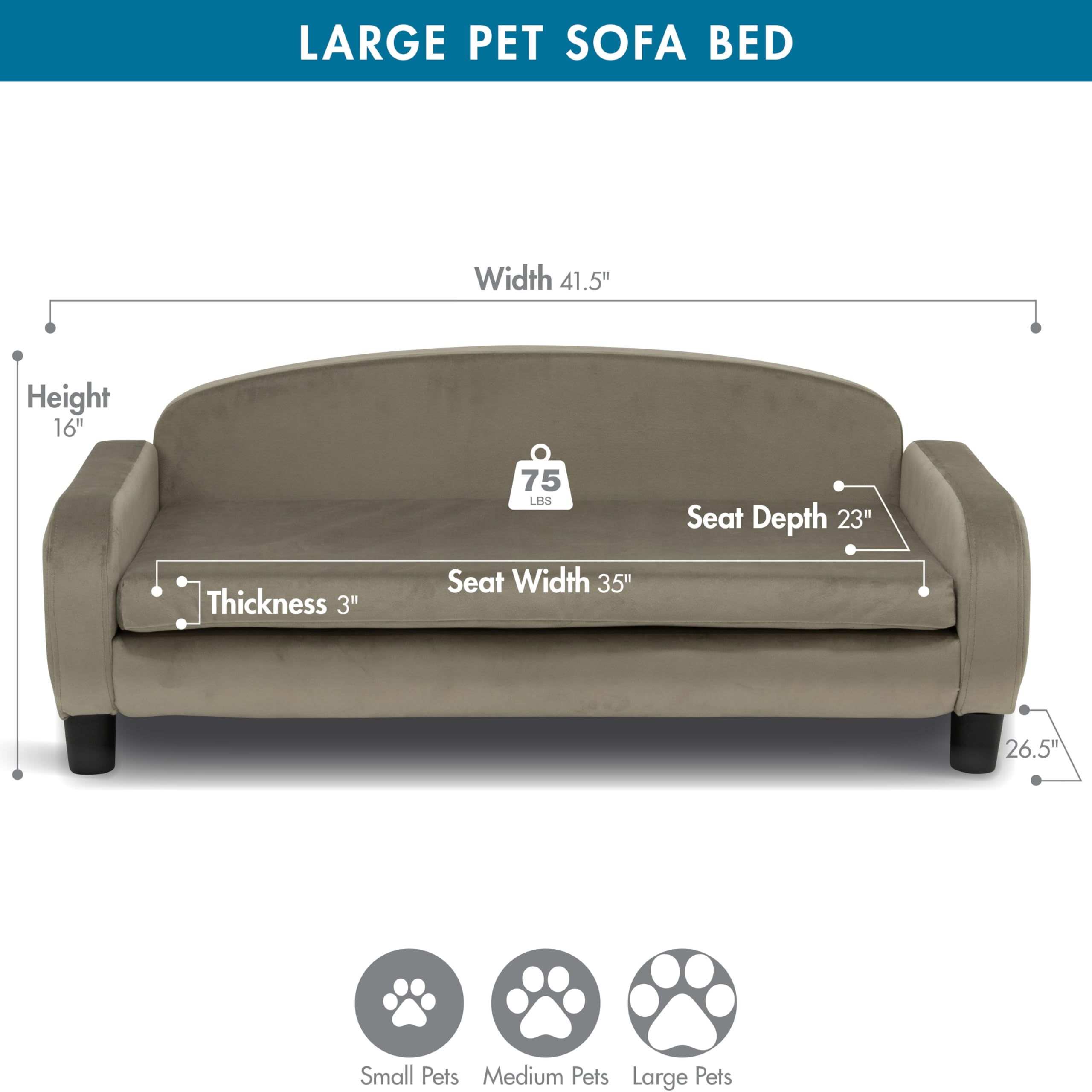 Paws & Purrs Large Dog Sofa Bed - 41.5'' Modern Pet Couch For Medium & Large Dogs With Washable Removable Cover - Stylish Elevat