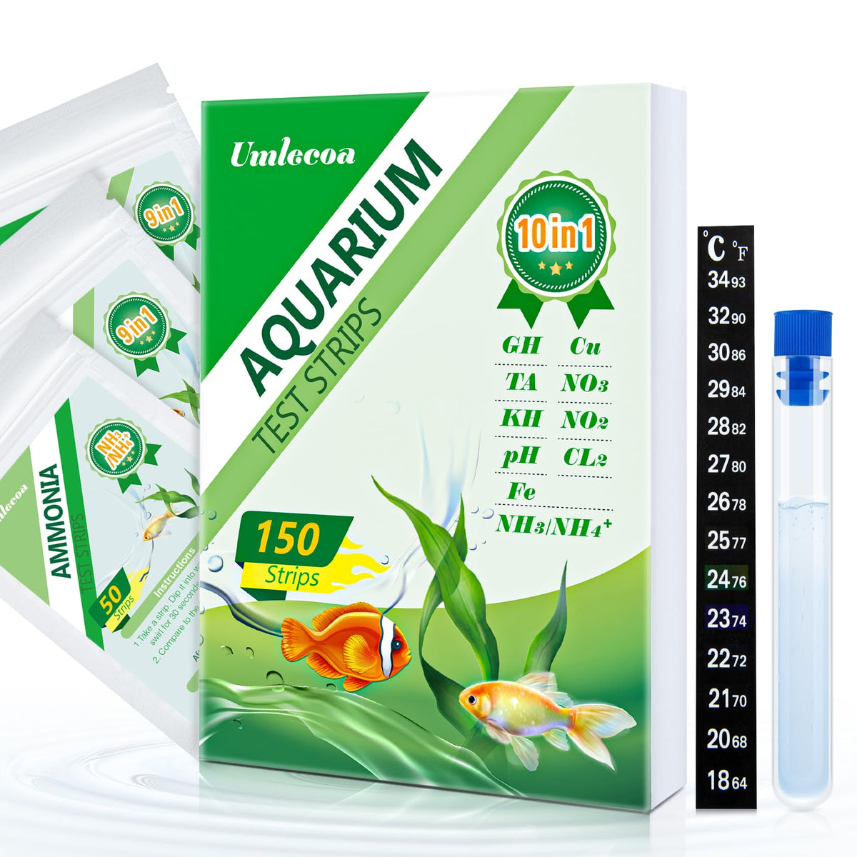 Umlecoa 10 In 1 Aquarium Ammonia Test Kit - Ammonia Fish Tank Test Strips - 150 Aquarium Test Strips With Test Tube & Thermometer - Fast Testing Ammonia And 9 More For Aquarium/Pond/Pool