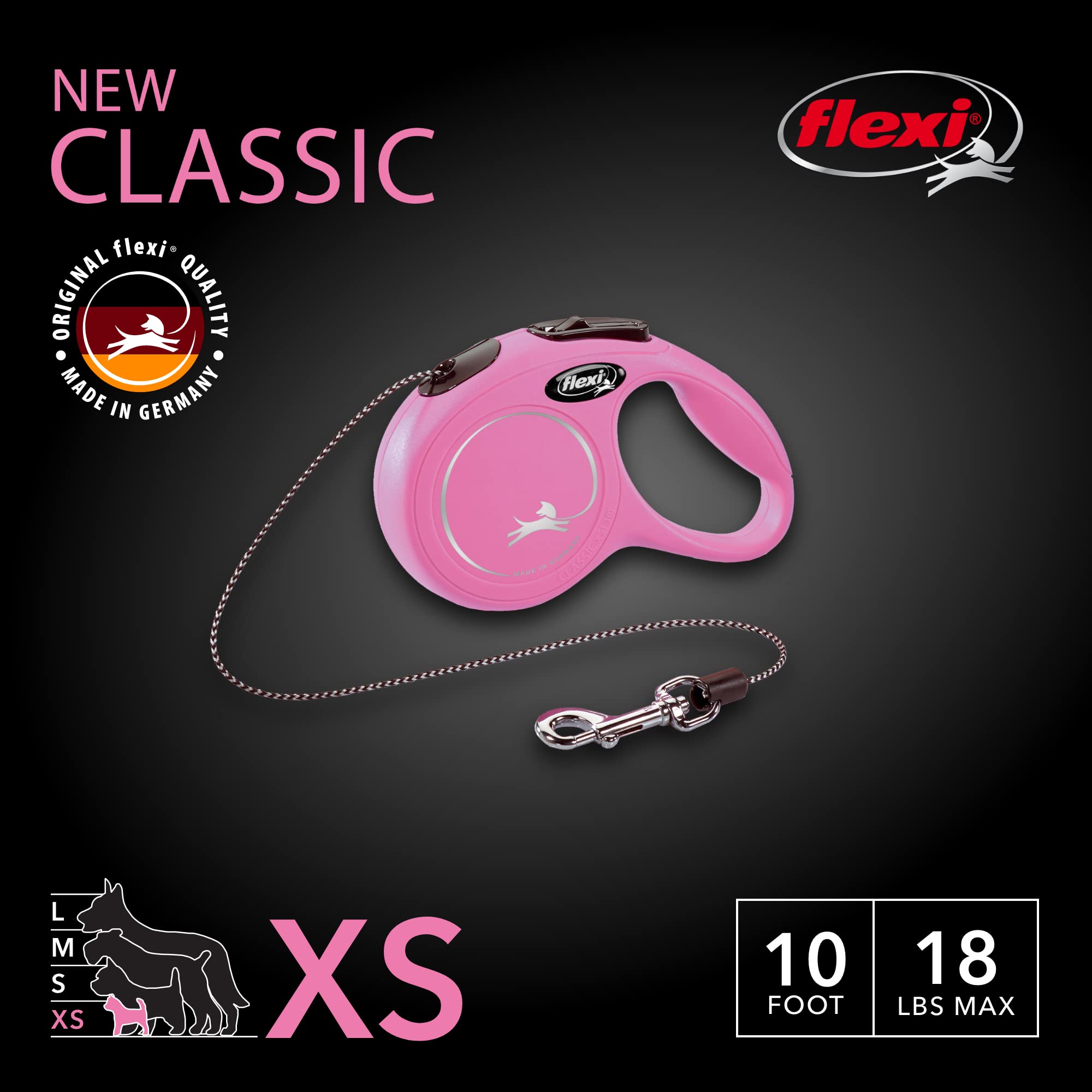 FLEXI Retractable Dog Leash for Small Dogs, 10 ft Nylon, Pink, Model CL00C3.250.P.20, Tangle-Free with One-Handed Brake and Lock