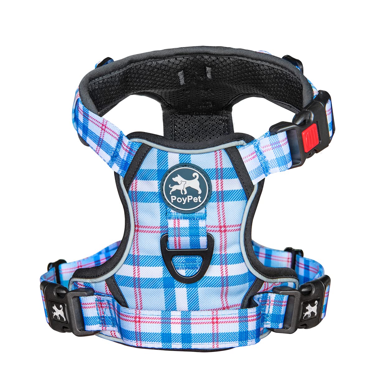 Poypet No Pull Dog Harness, [Release At Neck] Reflective Adjustable No Choke Pet Vest With Front & Back 2 Leash Attachments (Che