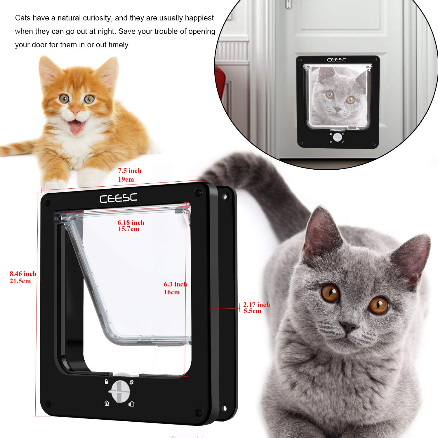 Ceesc Cat Doors, Magnetic Pet Door With Rotary 4 Way Lock For Cats, Kitties And Kittens (Medium, Black)