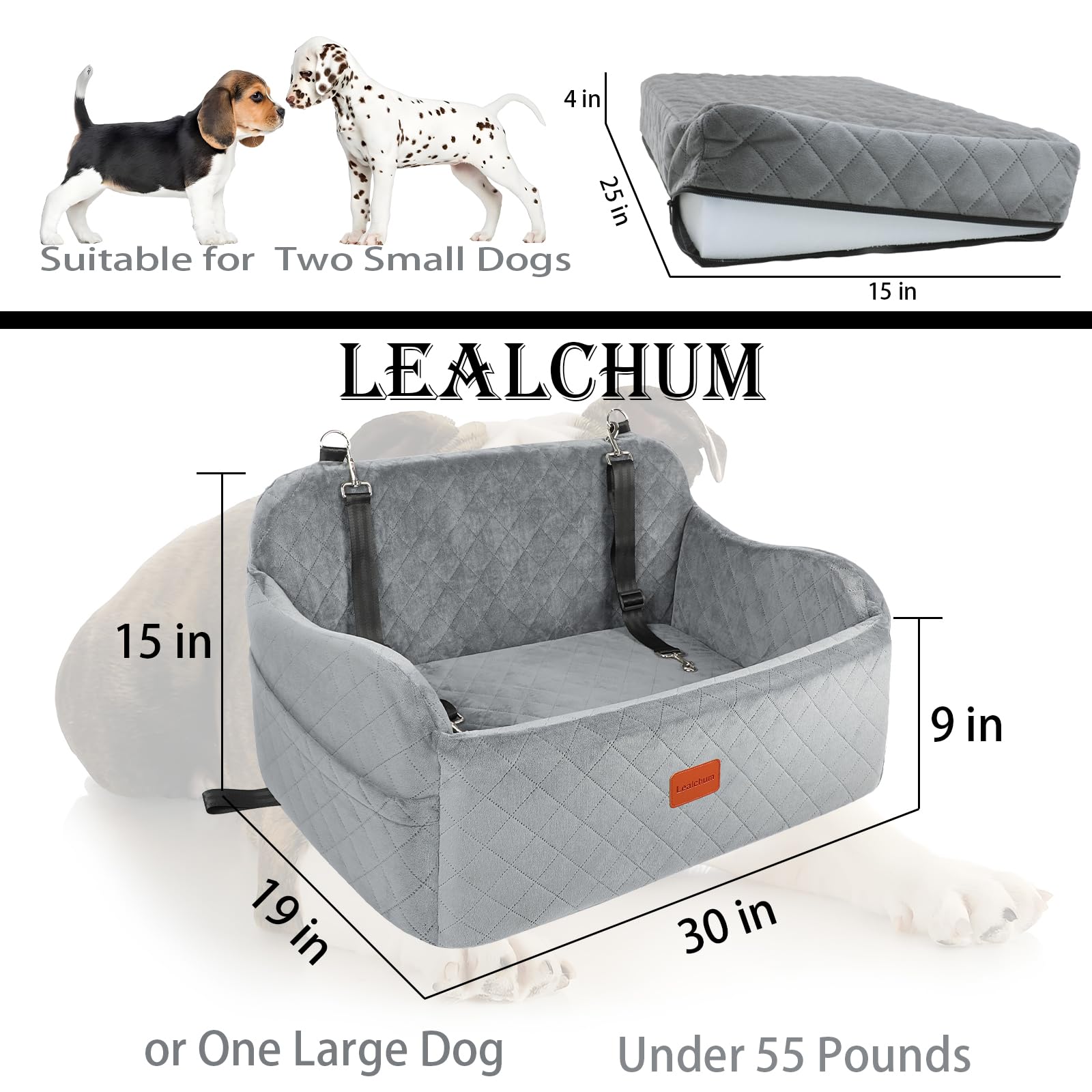 Lealchum Dog Car Seat - Large Grey Velvet Bed with Adjustable Leashes and Memory Foam, Non-Slip Bottom for Medium Dogs (Model: LEBGR001)