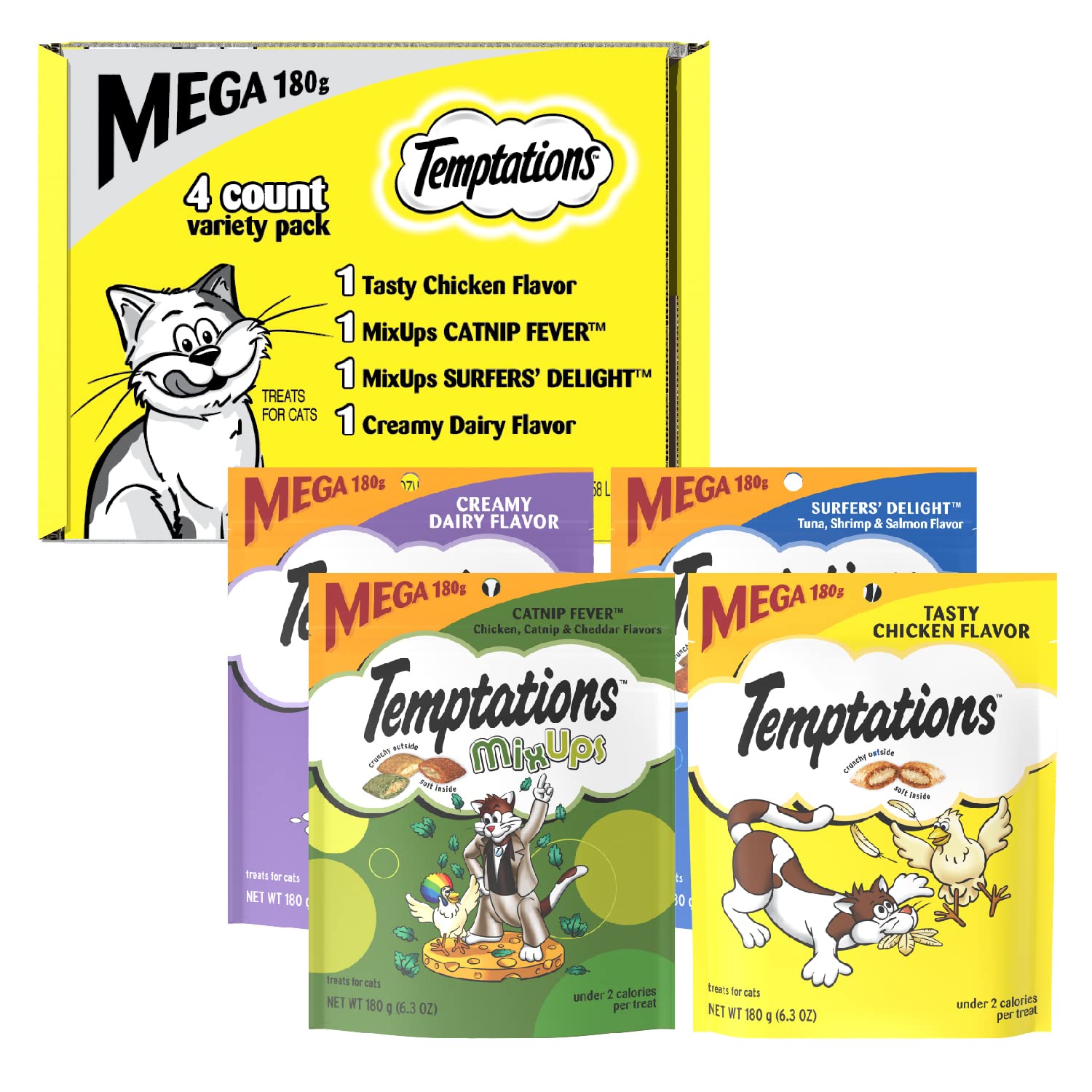 Temptations Classics and MixUps Crunchy and Soft Cat Treats Variety Mega Pack, (4) 6.3 oz. Pouches