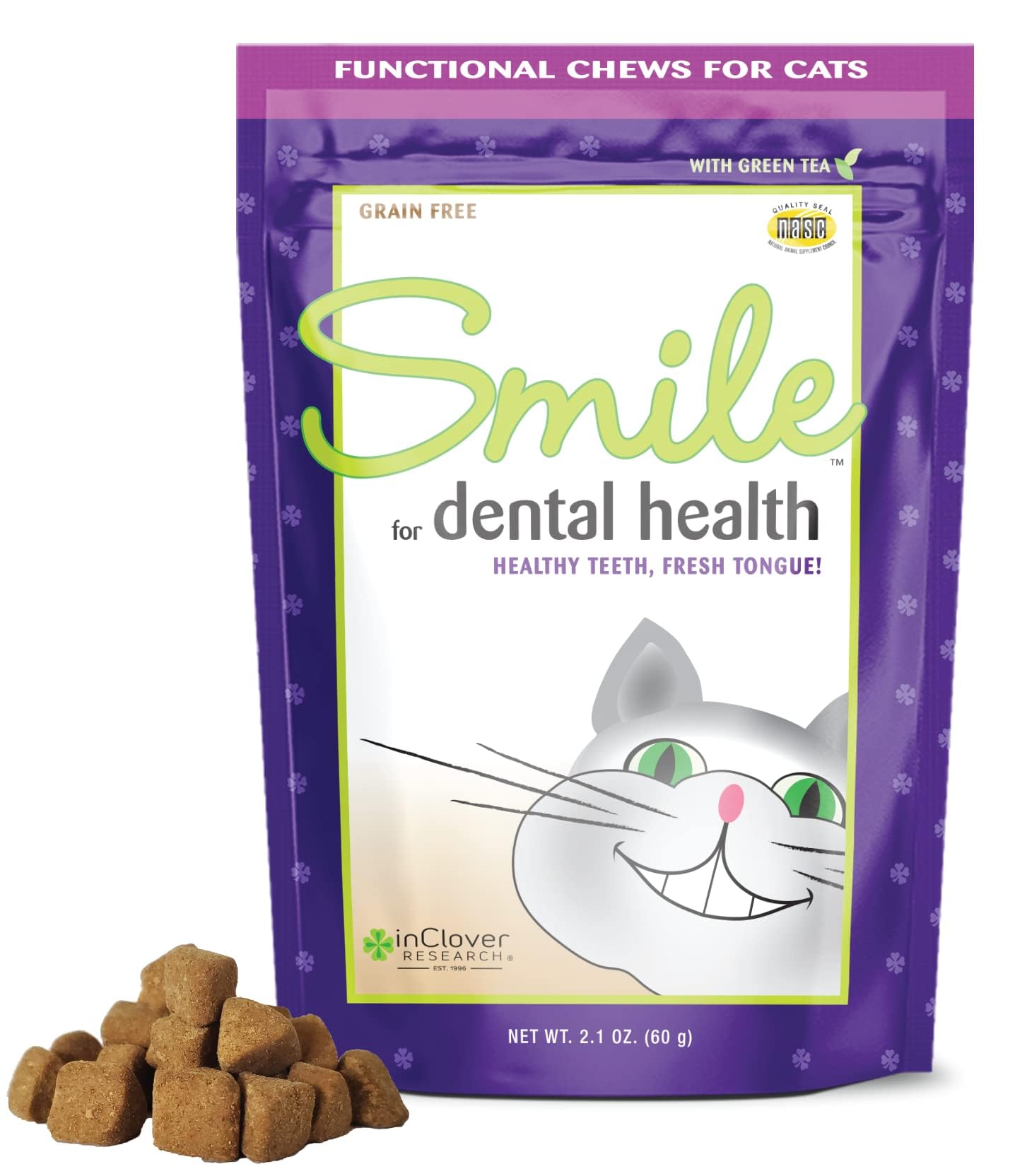 In Clover Smile Daily Dental Health Soft Chews for Cats, Support Healthy Teeth and Fresh Tongue with Catnip and Green Tea, Prebi
