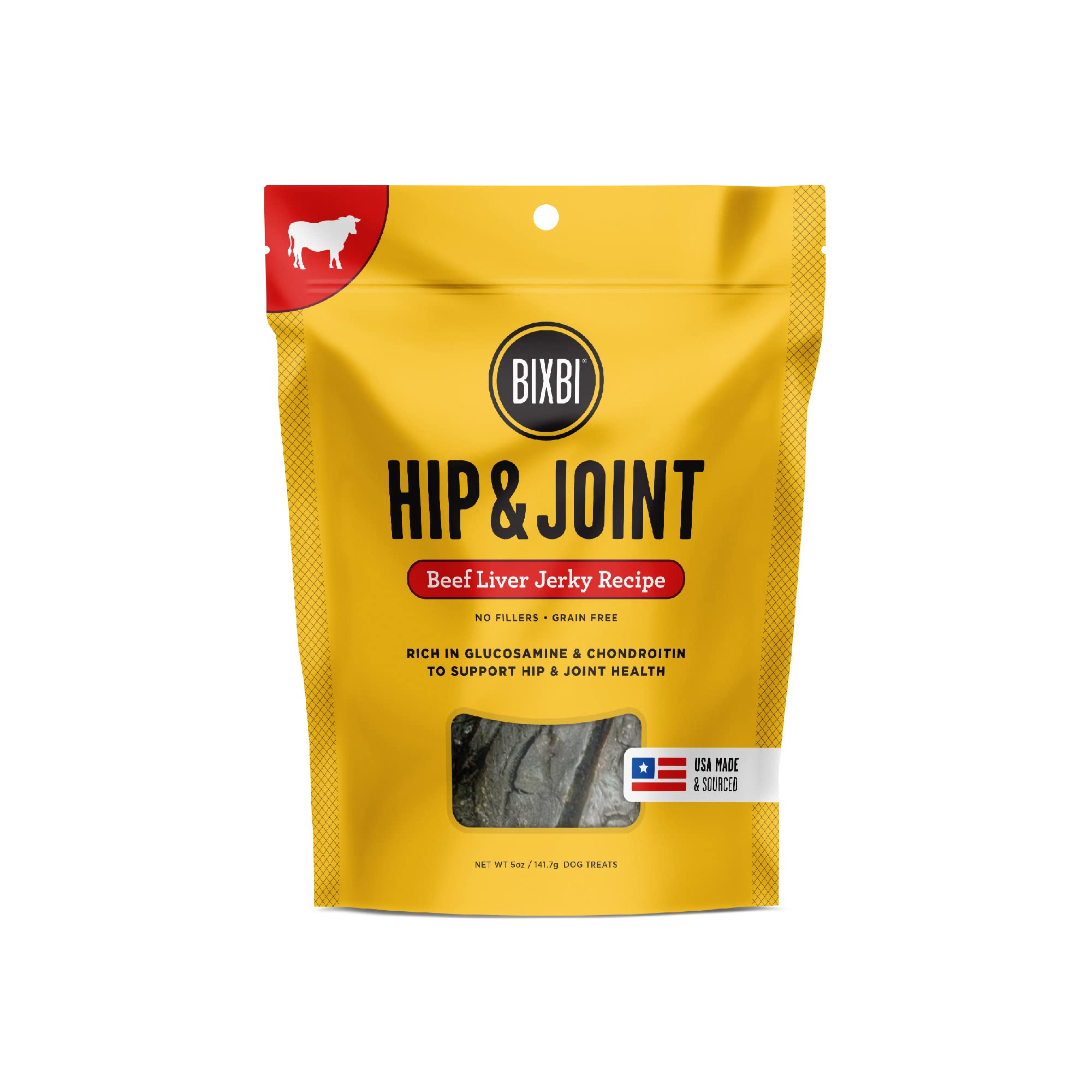 BIXBI Hip & Joint Support Beef Liver Jerky Dog Treats, 5 oz - USA Made Grain Free Dog Treats - Glucosamine, Chondroitin for Dogs