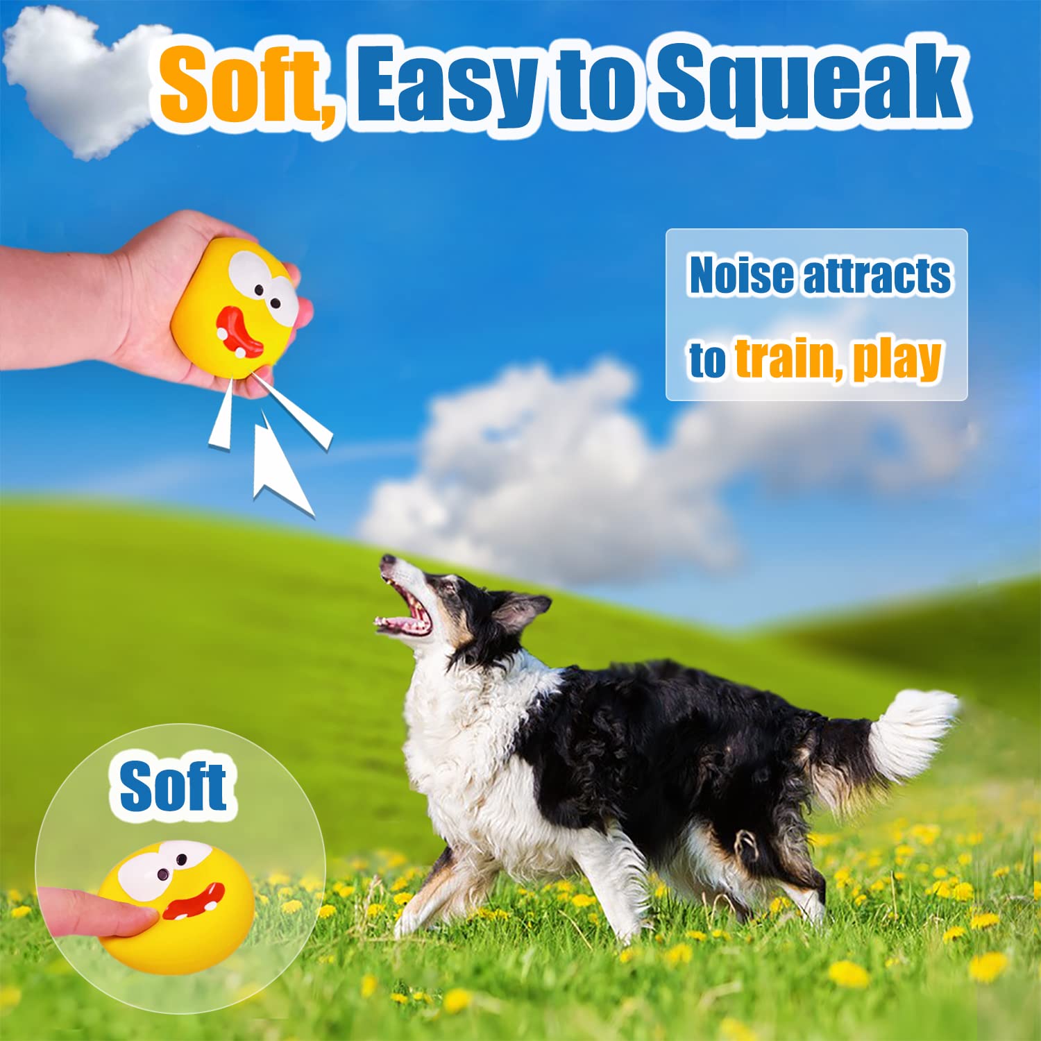 HOLYSTEED Squeaky Dog Toys for Medium & Large Breeds, Stuffed Latex Balls, Yellow, 2pcs Puppy Flat Ball with Smile Face