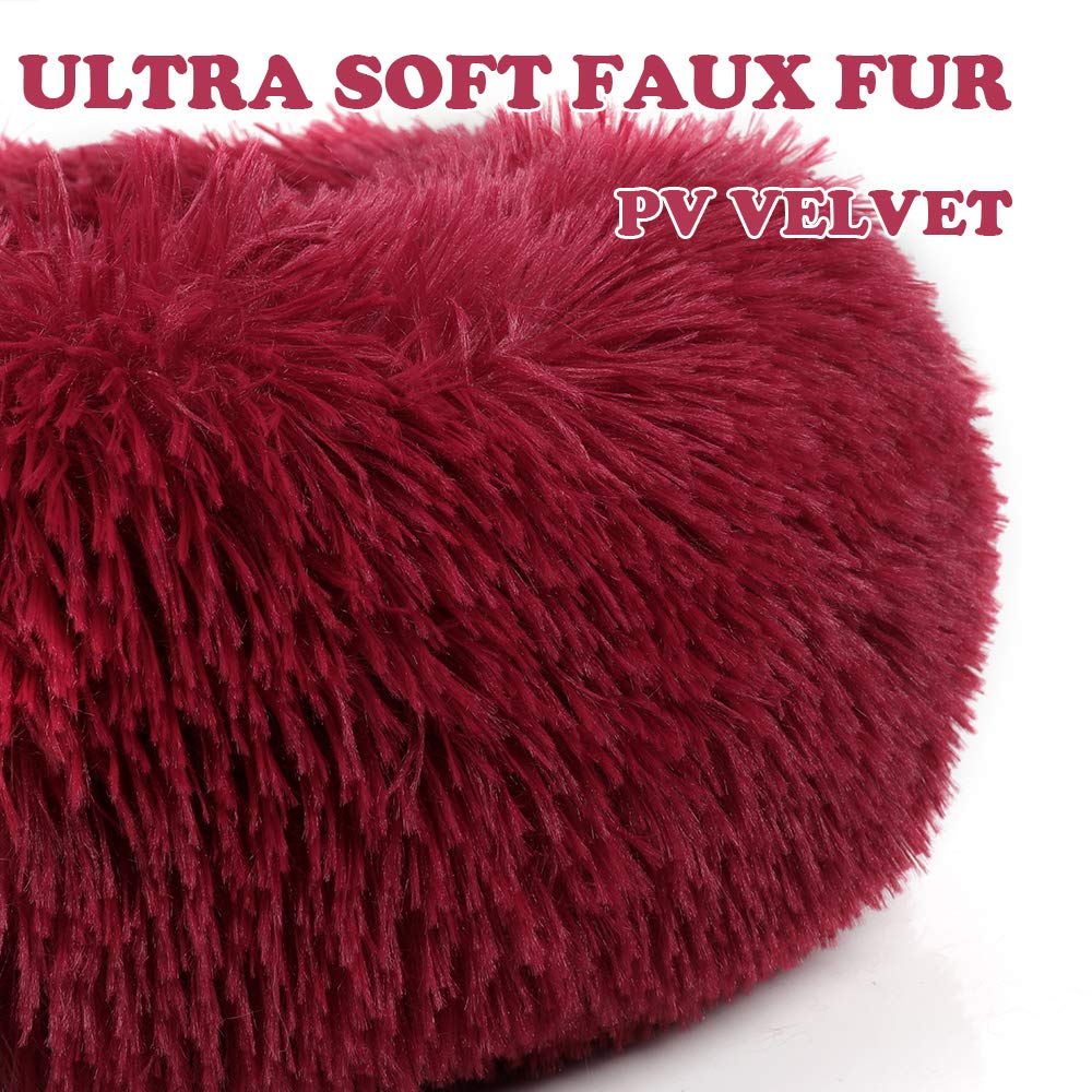 Otoez Round Plush Donut Pet Bed Warm Fur Cuddler Dog Cat Cushion Bed Calming Bed Non-Slip Bottom (15.7', Dark Red)