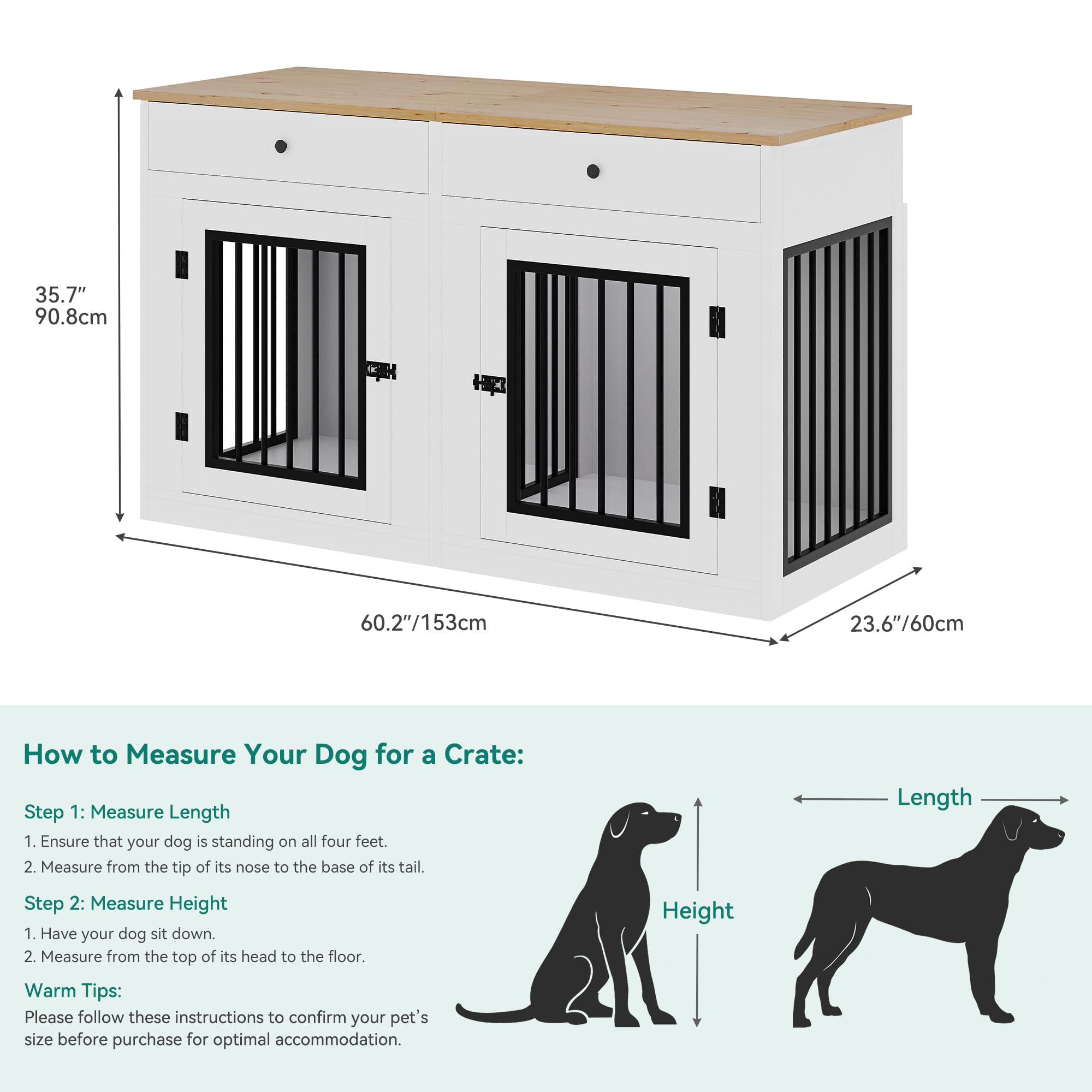 YITAHOME 60 Wooden Dog Crate Furniture with Removable Divider & Storage Drawers, Double Door Kennel with Locks for Medium and La