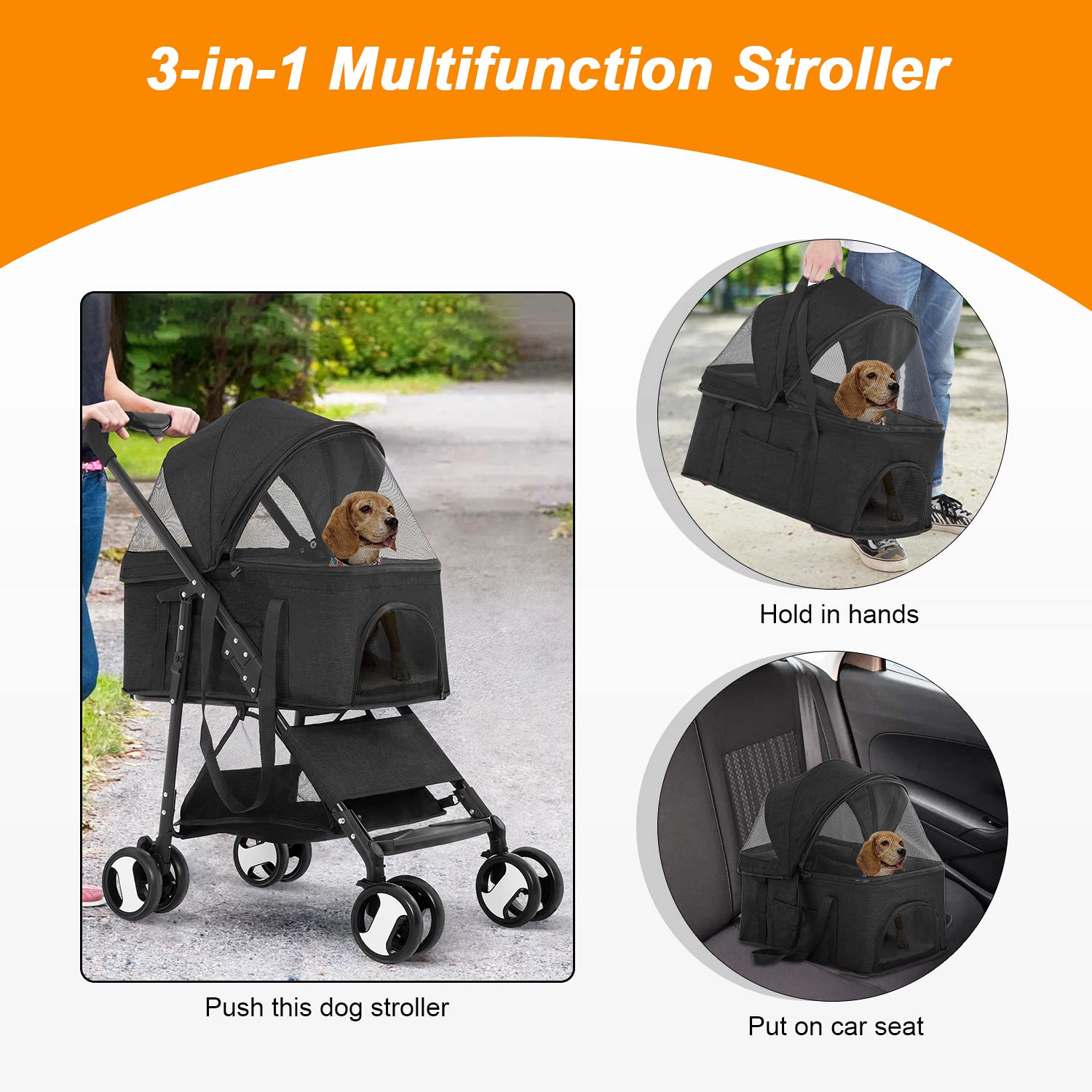 BestPet Pet Dog Stroller with Premium 3-in-1 Multifunction & Detachable Carrier for Folding Lightweight Cat Travel Stroller,Blac