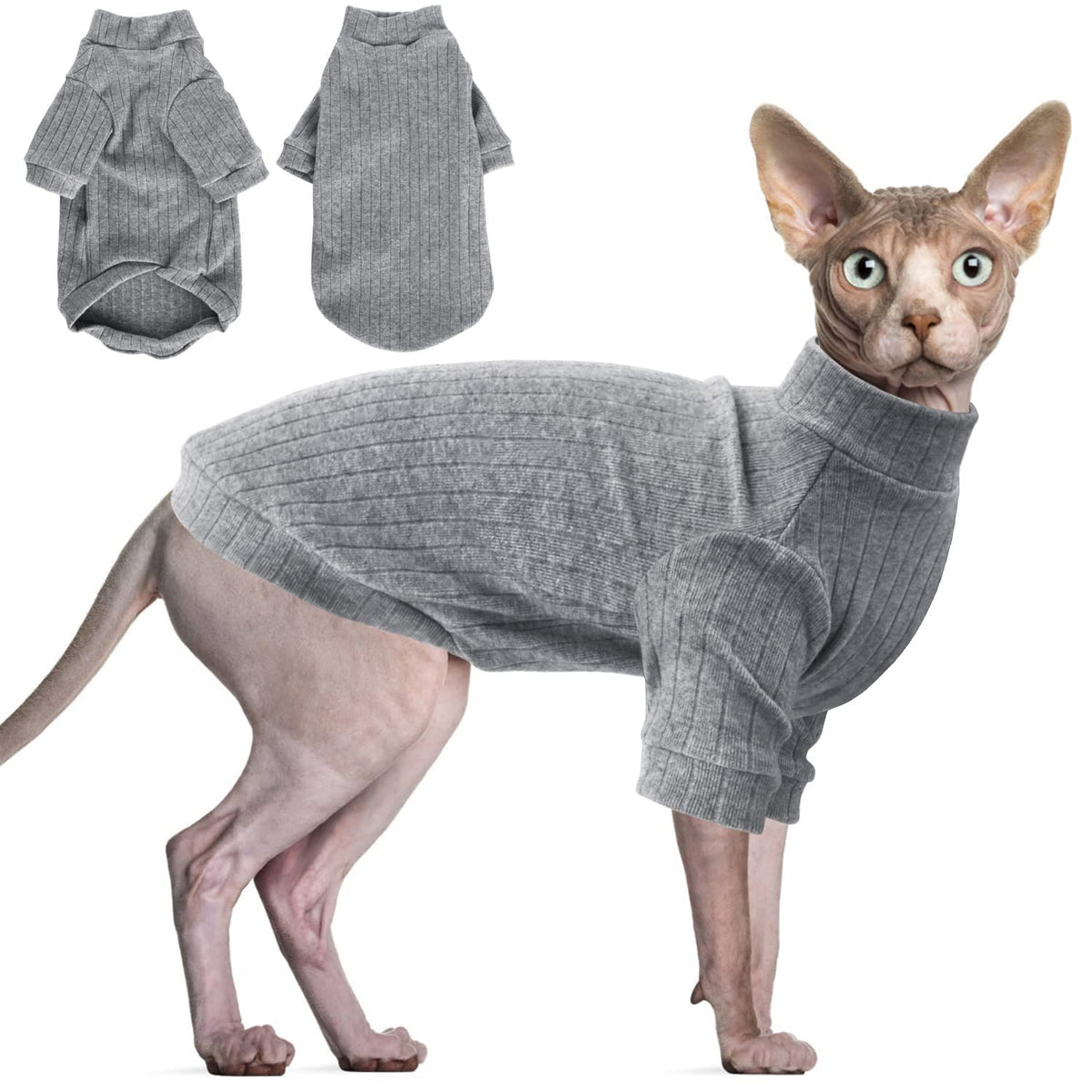 Idepet Sphynx Hairless Cats Sweater Shirt Kitten Soft Puppy Clothes Pullover Cute Cat Pajamas Jumpsuit Skin-Friendly Cotton Apparel Pet Winter Turtleneck For Cats And Small Dogs (Xx-Large, Gray)