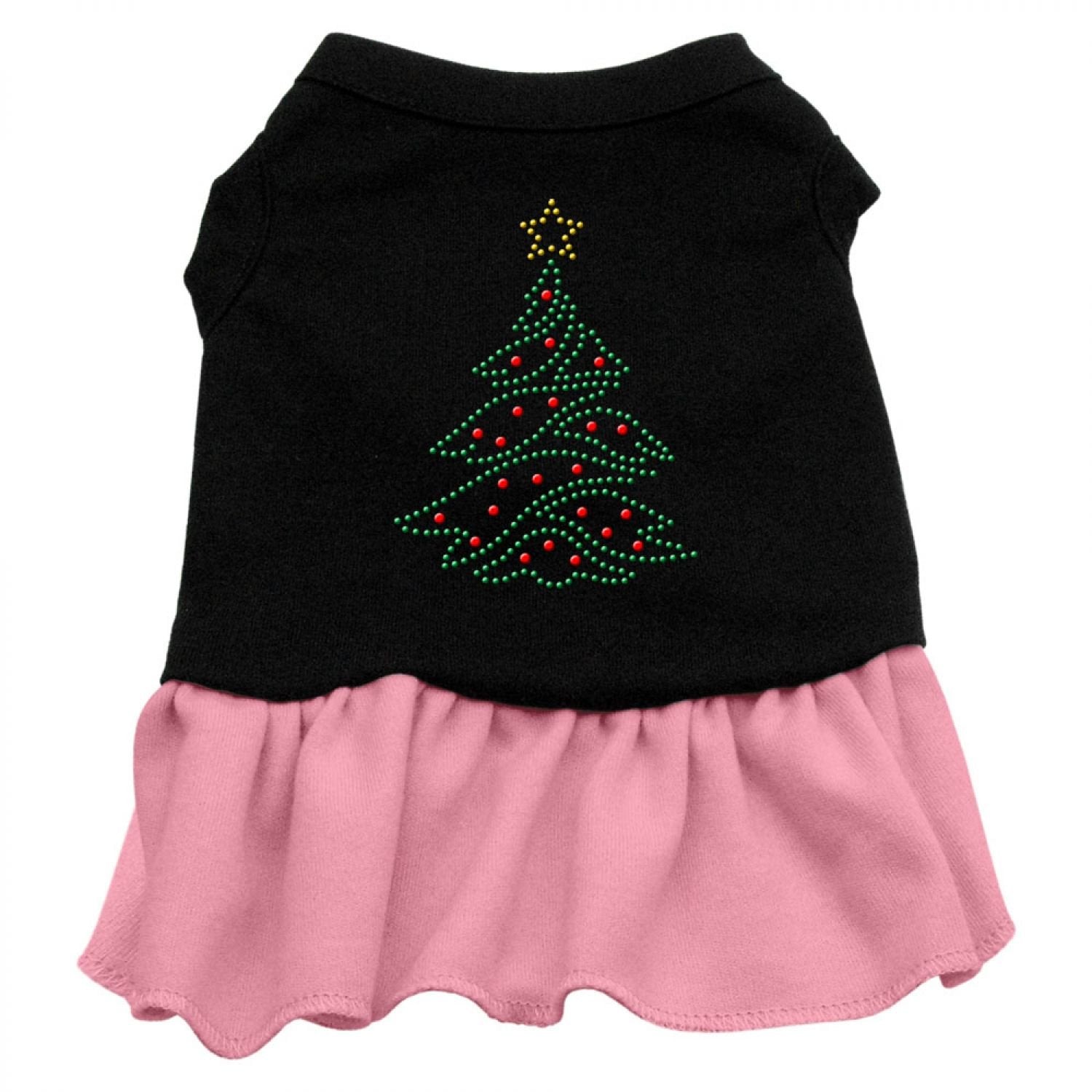Christmas Pet Dog & Cat Dress Rhinestone, Christmas Tree Black W/Light Pink XS (0-3 lbs.)