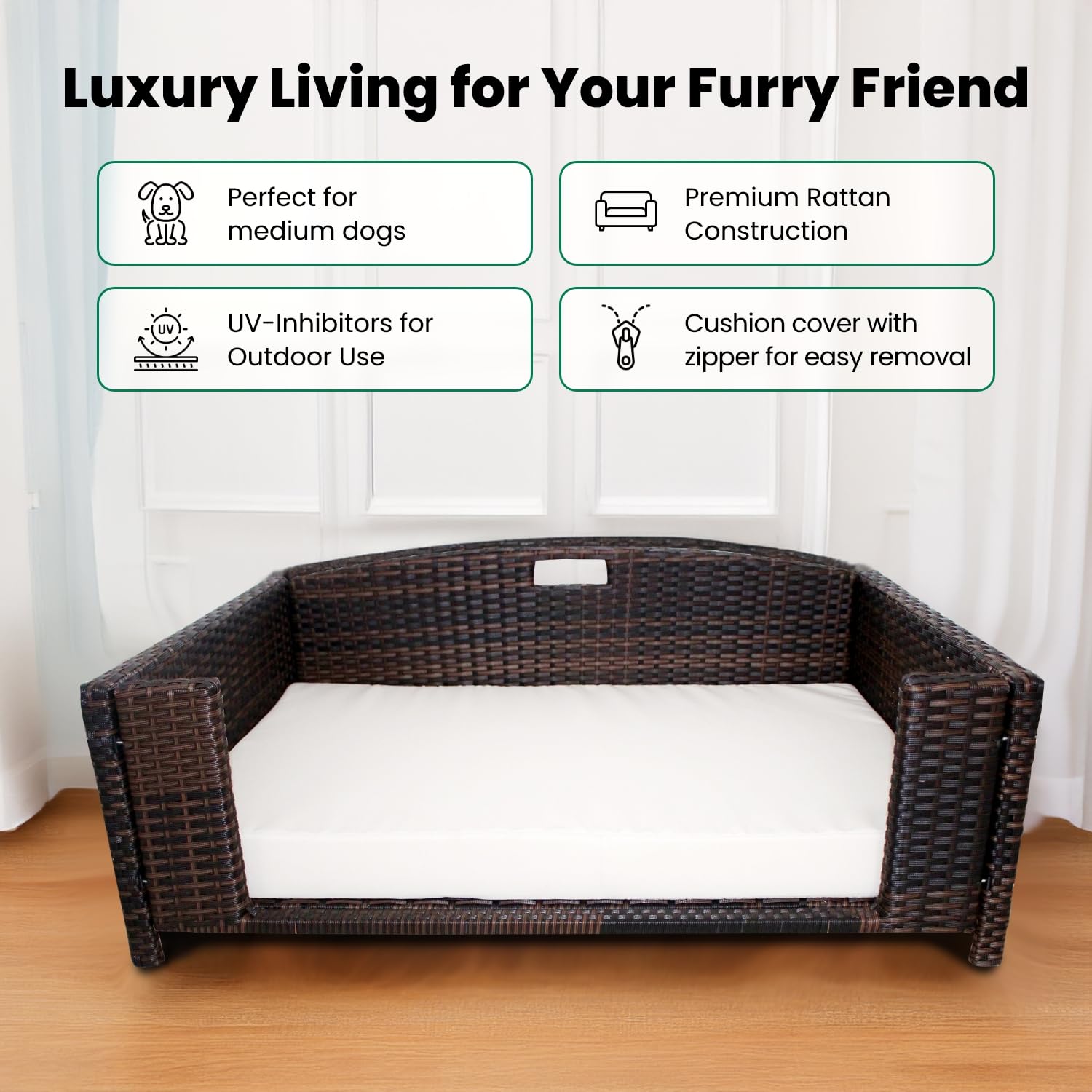 Iconic Pet Rectangular Rattan/Wicker Pet Bed, Metal Frame Indoor/Outdoor Furniture Pet Sofa/Couch for Dogs & Cats, Woven Rattan