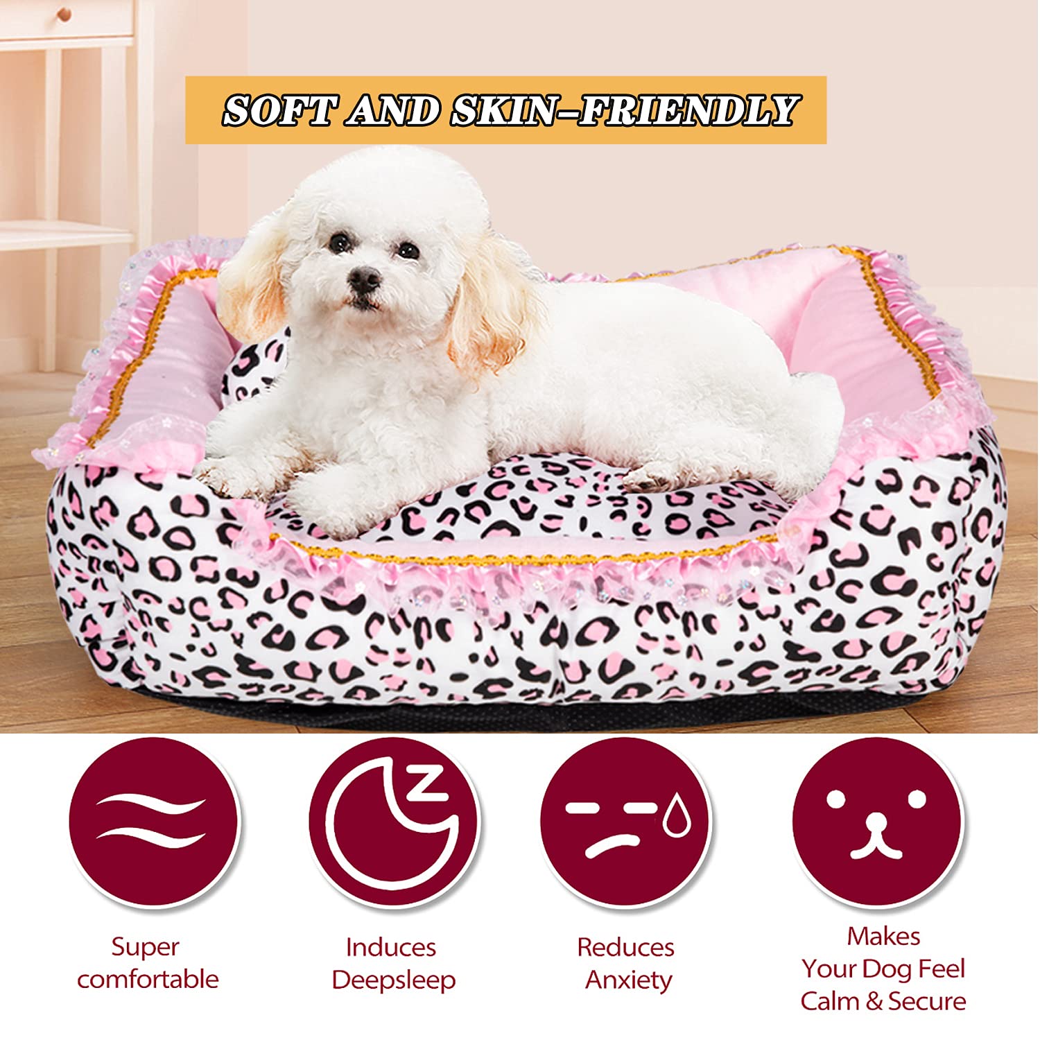 Gigreinc Dog Bed For Small Dogs - Cute Pink Leopard Dog Bed,Cat Beds For Indoor Cats Washable - Square Shape Cat Dog Sofa Bed Pet House Nest Cave(M, 20.8' L X 18' W X 5.5'