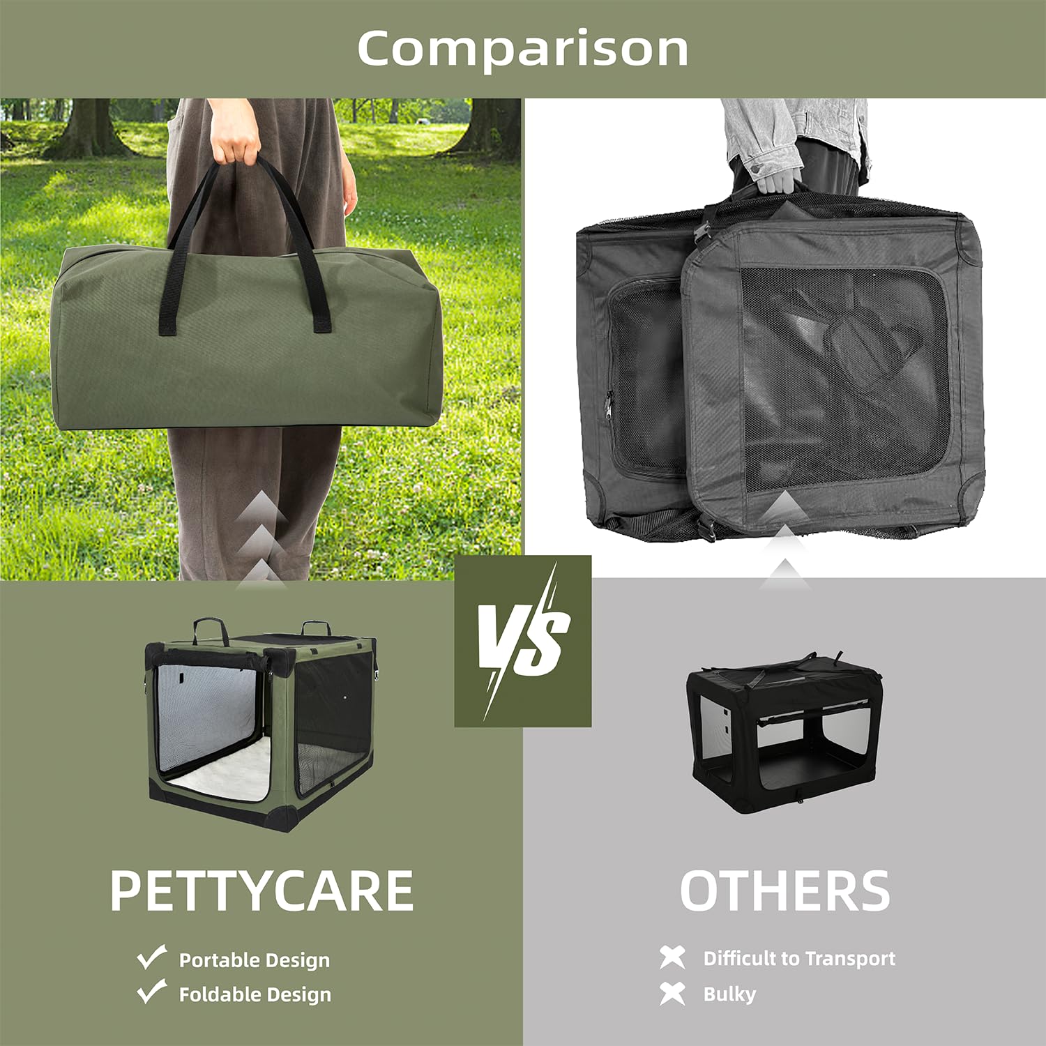 Pettycare 42 Inch Stainless Steel Collapsible Dog Crates For Large Dogs, 4-Door Soft Sided Dog Kennel For Travel, Portable Foldable Pet Crate With Durable Mesh Windows, Indoor & Outdoor, Olive Green