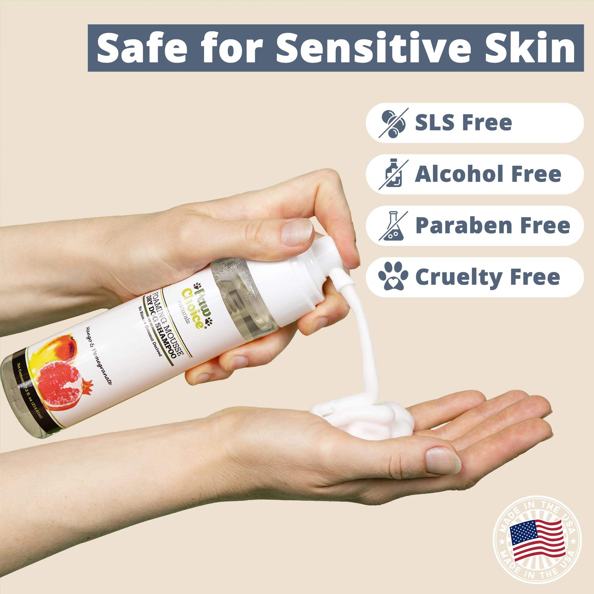 Paw Choice Dry Shampoo For Dogs - Waterless No-Rinse Foam For Odor Removal, Cleaning, Conditioning - Hypoallergenic, Natural - Safe For Sensitive Skin - Made In Usa - Mango Pomegranate Scent