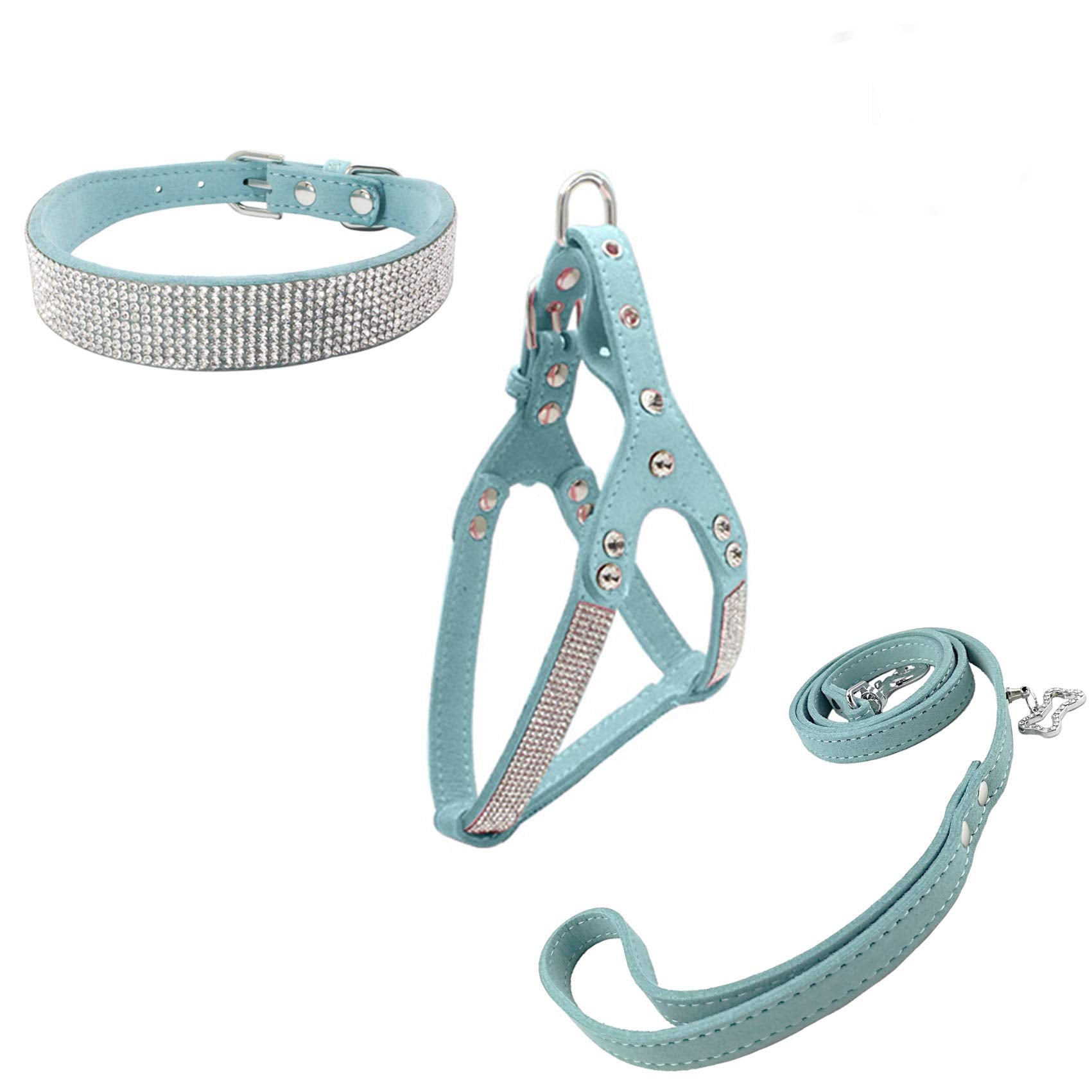 Newtensina Dog Collar & Harness & Lead Sets Fashion Dog Collar Diamante With Harness & Leashes Comfortable Soft Collar Harness And Leashes Set For Dog - Blue - S
