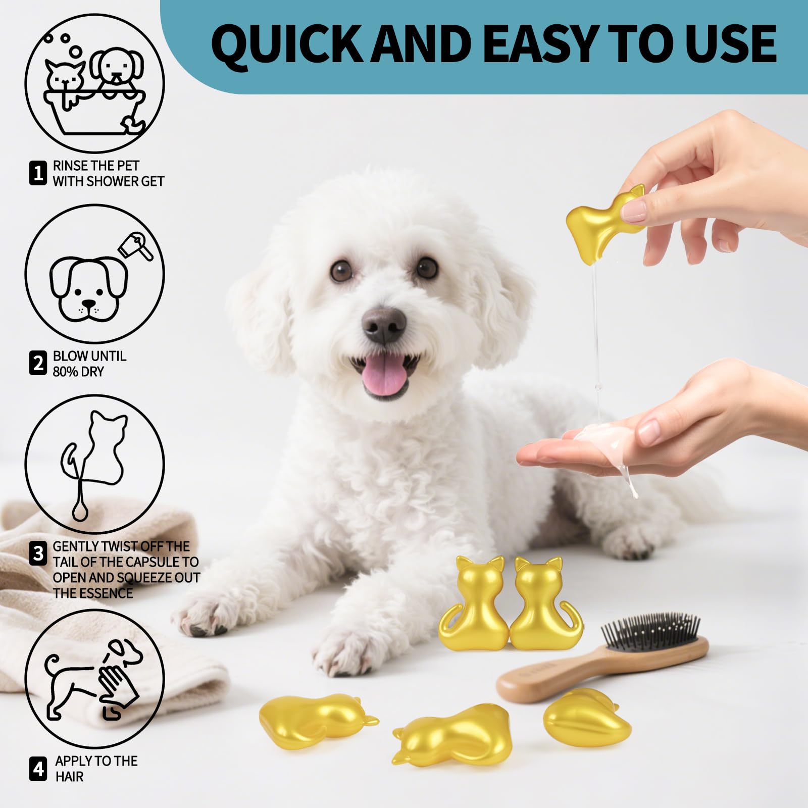 H HOLLY HERBAL Pet Fur Care Oil - Deeply Strengthening Dog Conditioner Spray with Jojoba, Camellia & Castor Oils - 15 Capsules, Gold