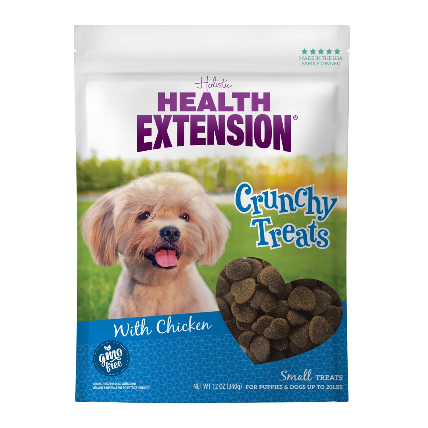 Health Extension Heart-Shaped Crunchy Biscuits, 12oz (340g) - Chicken Flavor, GMO-Free Dog Training Treats for Small Breeds, Add