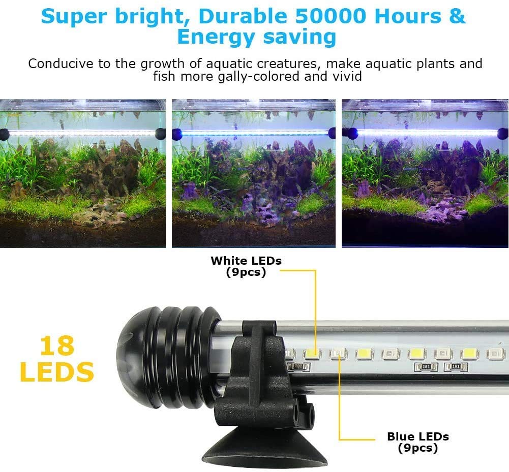 Aquariumbasics Led Aquarium Light For Fish Tank,Auto On/Off Submersible White And Blue Led Aquarium Plant Light With Timer And Dimming Function (11 Inch (Timer & Dimming Function)