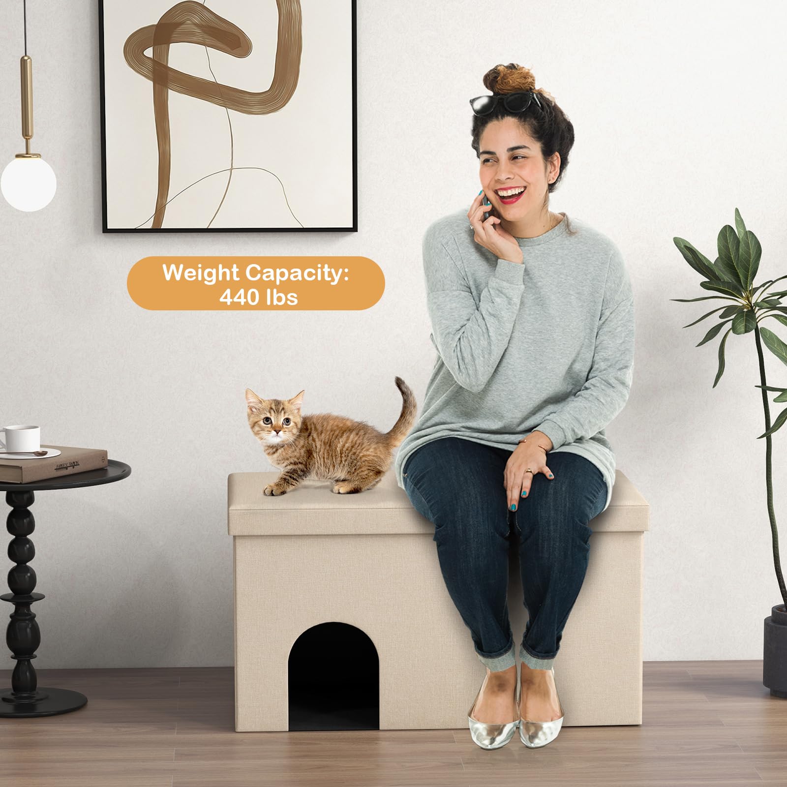 Tangkula Cat Litter Box Enclosure, Hidden Litter Box Furniture Ottoman With Urine Proof Litter Mat, Flip-Up Lid, Dog Proof Cat W