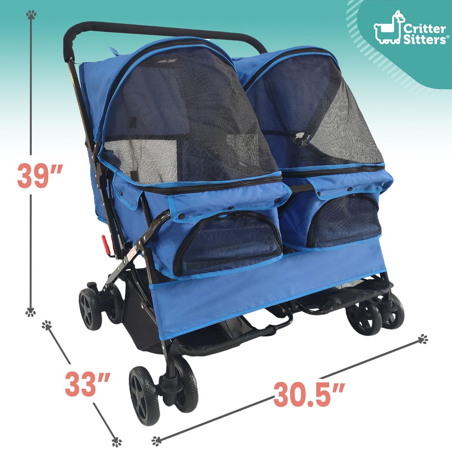 Critter Sitters Double Pet Stroller with Storage - Cat & Dog Stroller for Animals up to 44 lbs, Blue