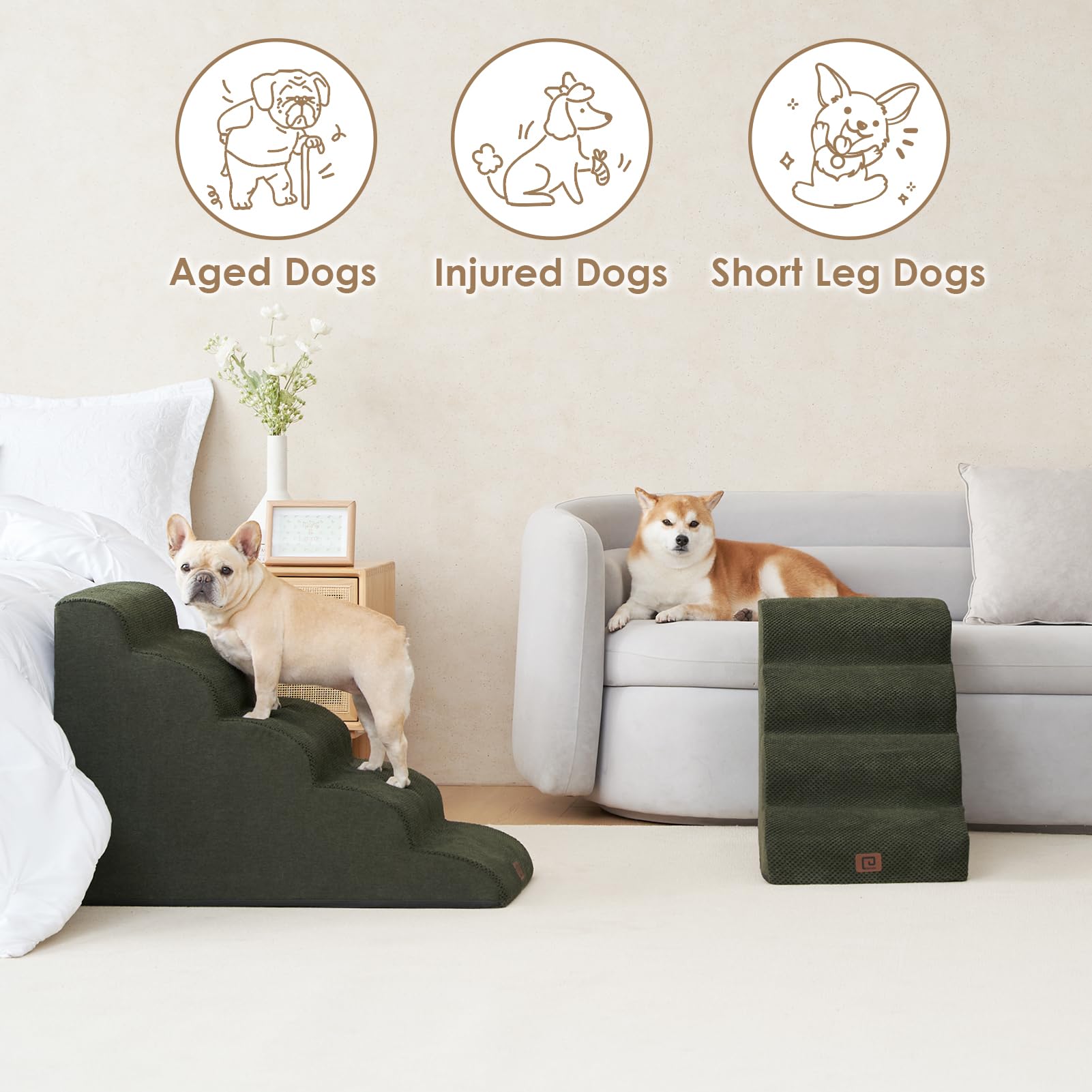 Eheyciga Curved Dog Stairs Ramp For High Beds 22.6' H, 5-Step Dog Steps For Small Dogs And Cats, Pet Stairs For High Bed Climbing, Non-Slip Balanced Pet Step Indoor, Olive Green
