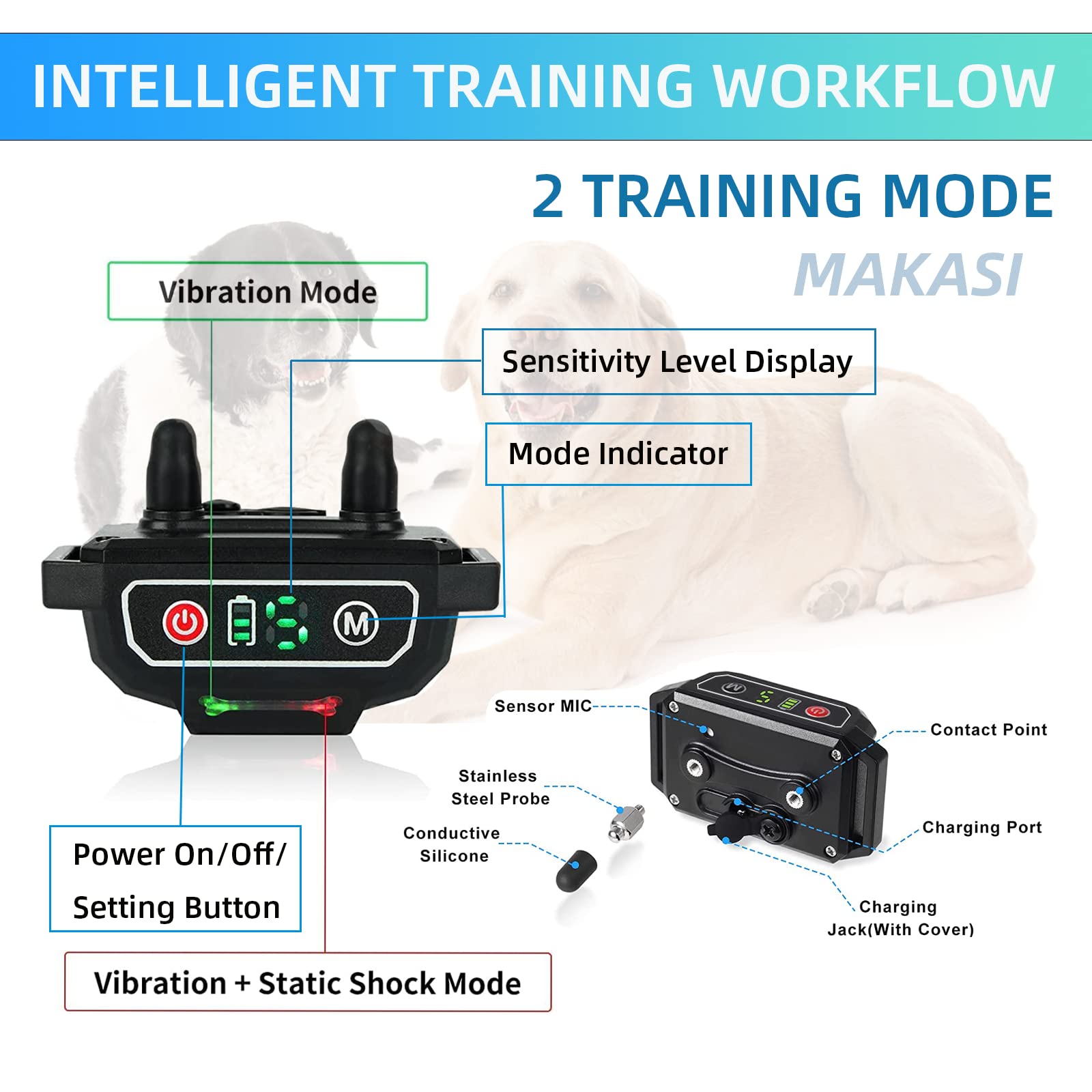 Bark Collar, Rechargeable Anti Barking Collar Dog Training With Beep Vibration Shock Stop Barking Control Devices Ip67 Waterproo