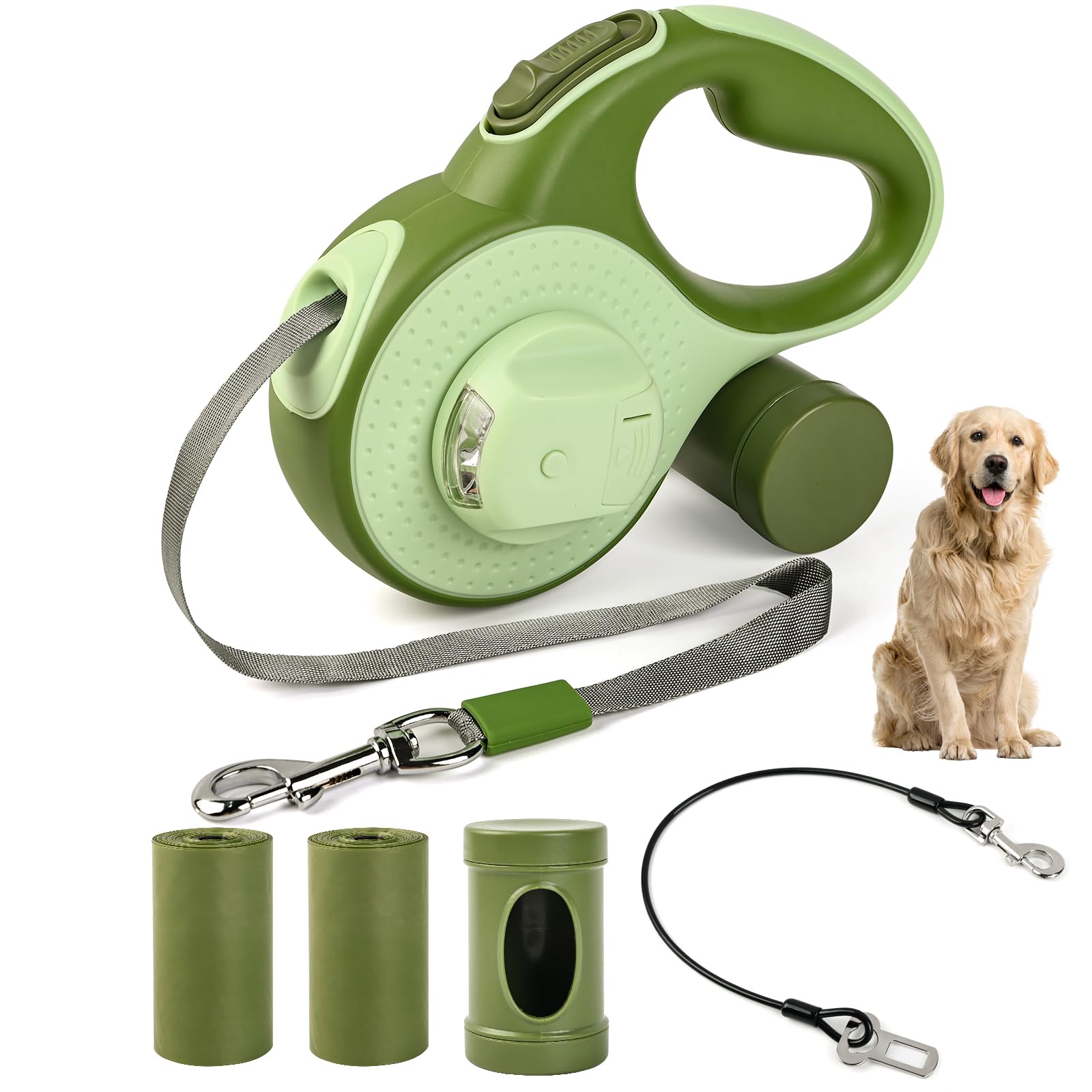Odriew Heavy Duty Retractable Dog Leash For Large Dogs, 26Ft With Chew Proof Cable, Led Light, Dispenser, 2 Poop Bags. 360 No Ta