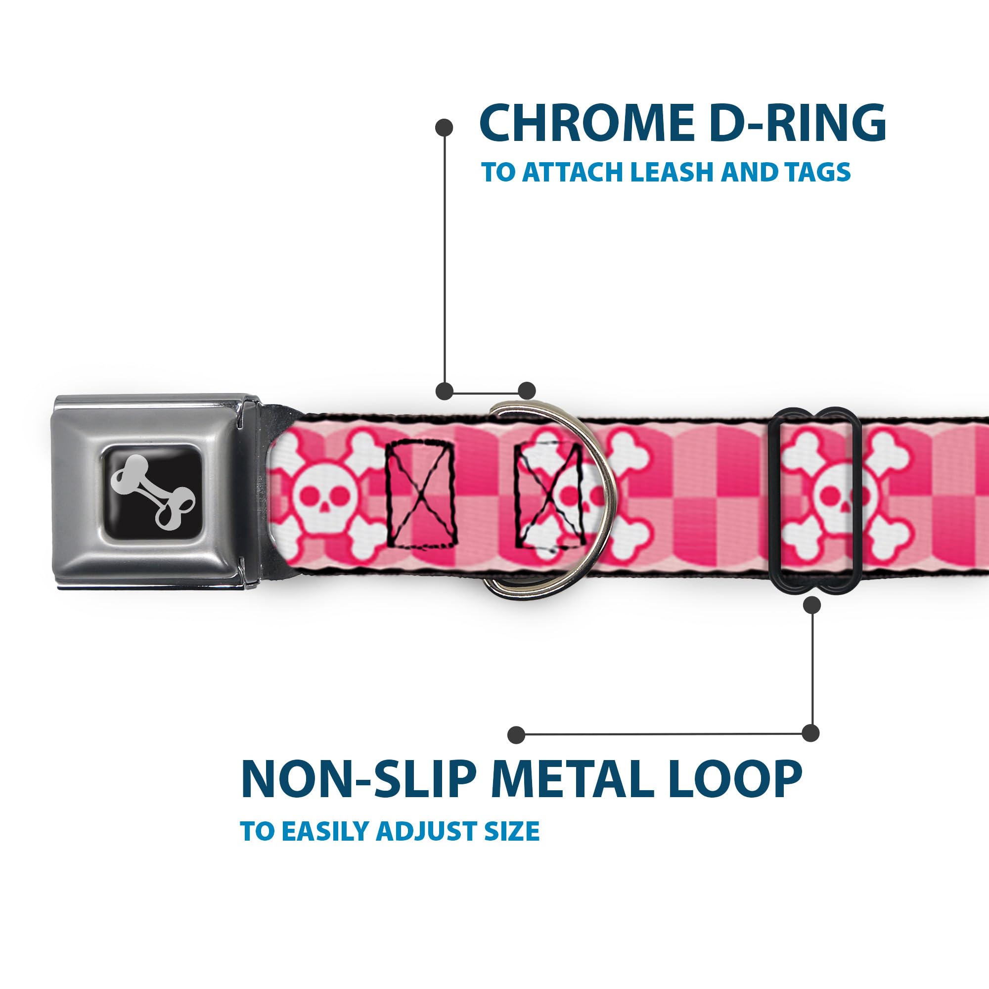 Buckle-Down Seatbelt Buckle Dog Collar - Cute Skulls W/Checkers Pinks/White - 1.5'' Wide - Fits 18-32'' Neck - Large