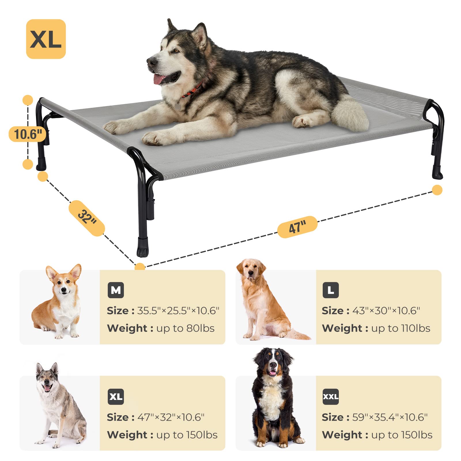 Veehoo Elevated Dog Bed, Outdoor Raised Dog Cots Bed For Large Dogs, Cooling Camping Elevated Pet Bed With Slope Headrest For Indoor And Outdoor, Washable Breathable, X-Large, Grey, Cwc2204