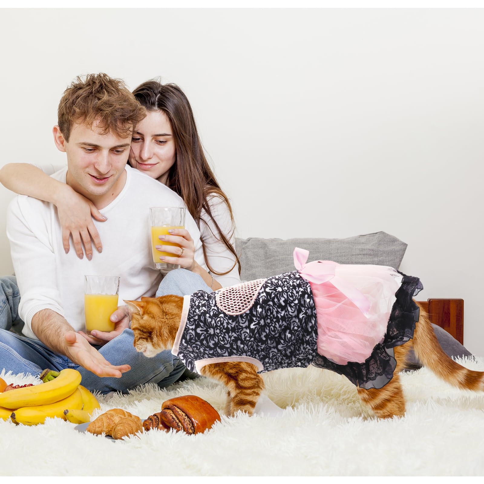 Dog Costume Dress M, Black Floral Top With Pink Tulle Skirt And Bow, Glitter Heart Pet Outfit For 8-9 Lbs Dogs And Cats, Romanti