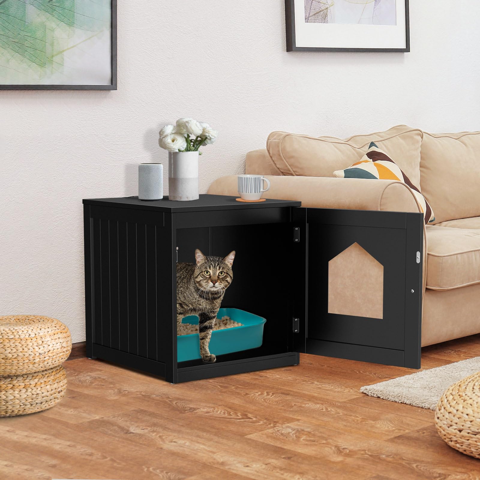 ZENY Hidden Cat Litter Box Furniture - Enclosed Cabinet With Vent Holes, Indoor Wooden Washroom, End Table, Nightstand (Black)