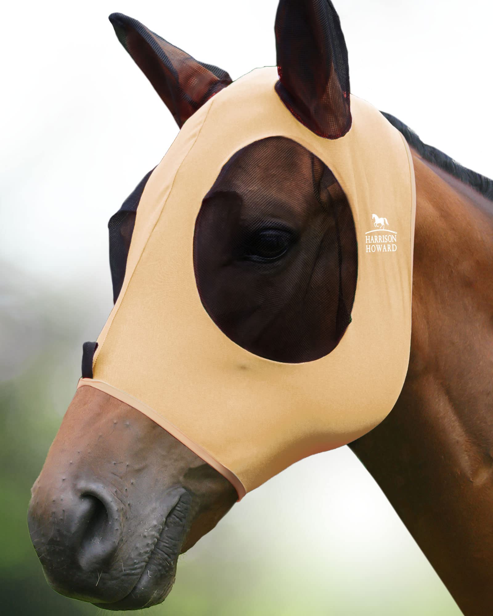 Harrison Howard Super Comfort Horse Fly Mask Elasticity Fly Mask with Ears UV Protection for Horse Champagne Gold M Cob