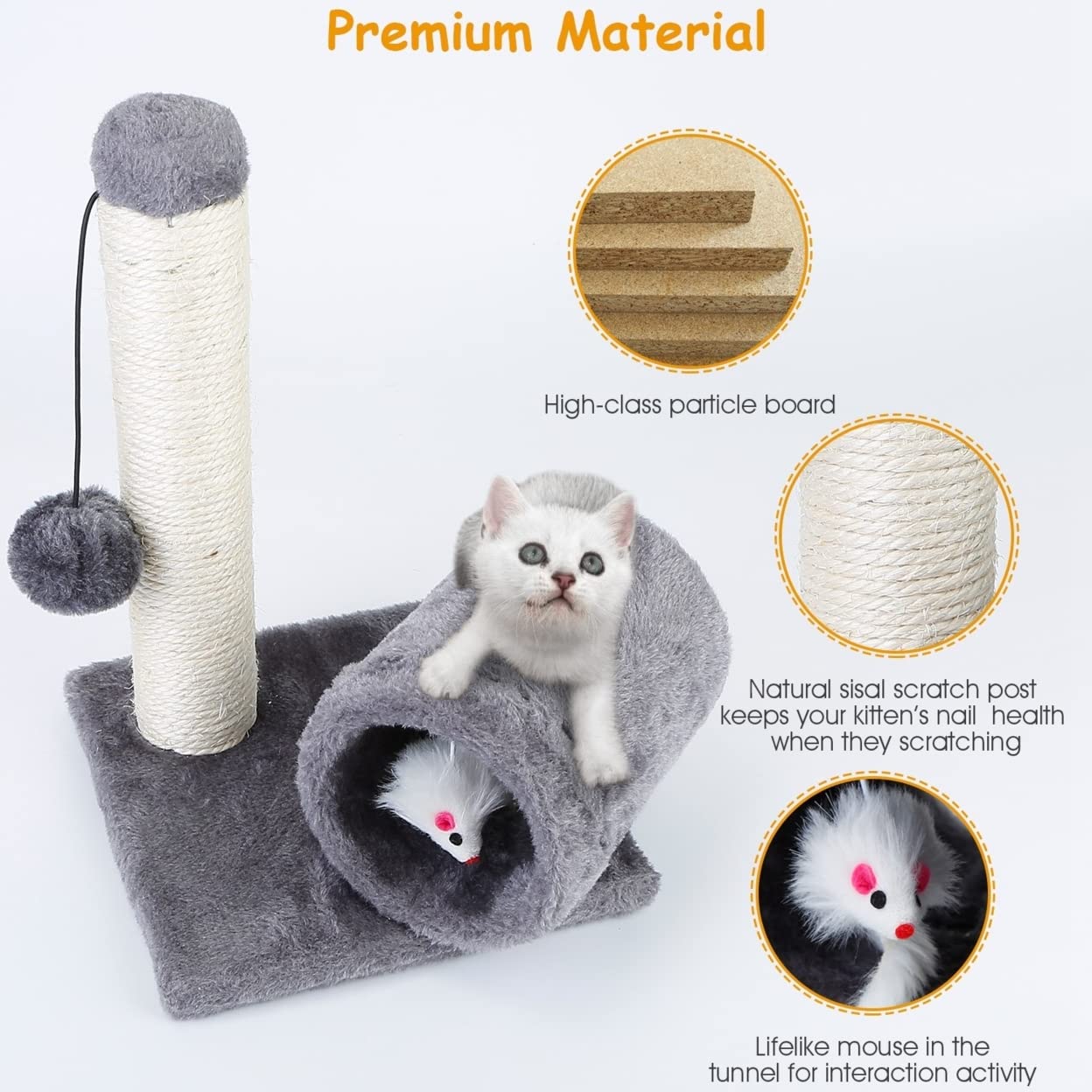 Cat Scratching Post Cat Kitten Sisal Scratch Post Toy W/Tunnel & Lifelike Mouse Toy Pet Activity Play Fun