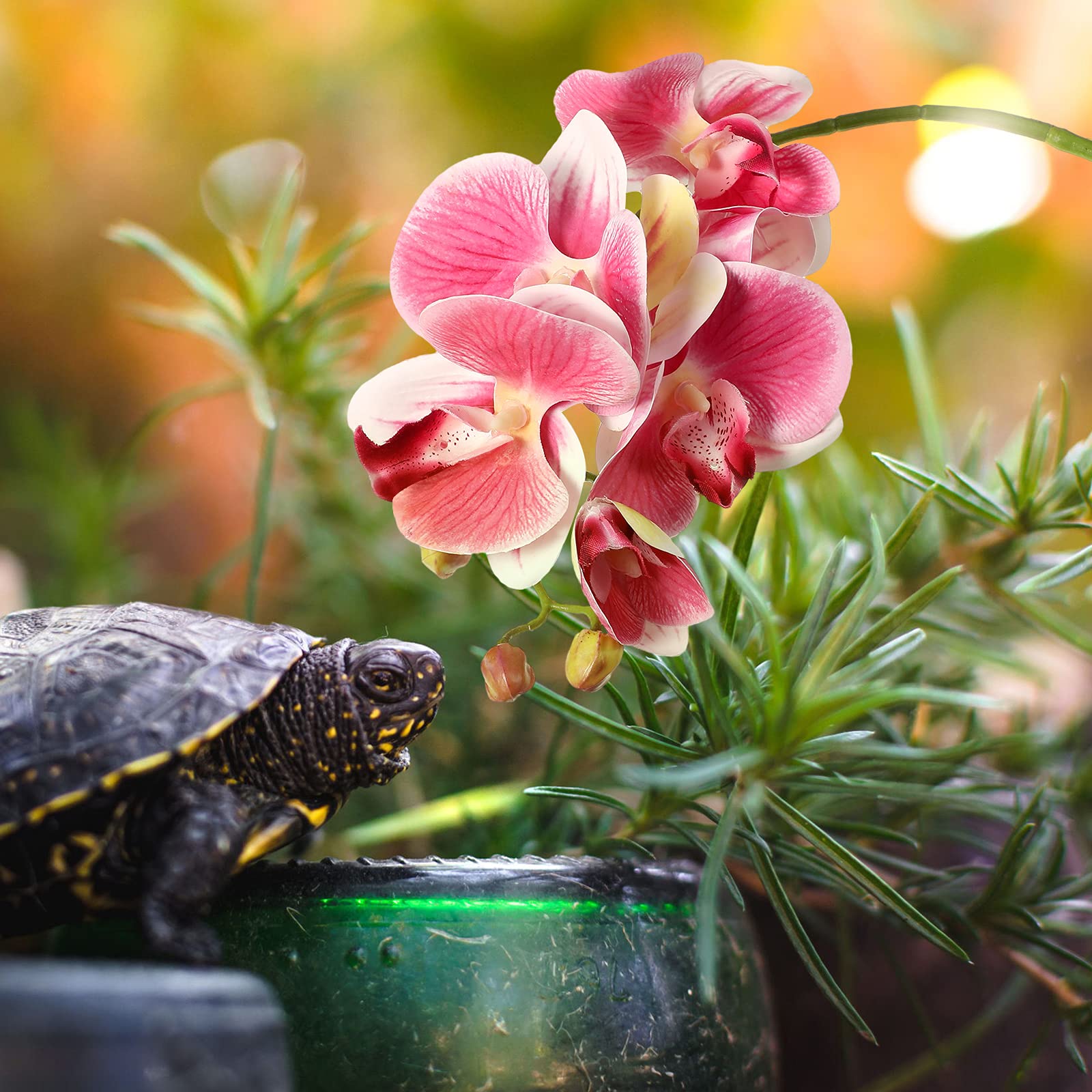 Chuangdi 2 Pieces Artificial Phalaenopsis With Suction Cups Terrarium Plant Decoration Reptile Habitat Plant Decor For Hermit Crab Lizards Geckos Snake Reptile (Dark Pink, White Yellow)