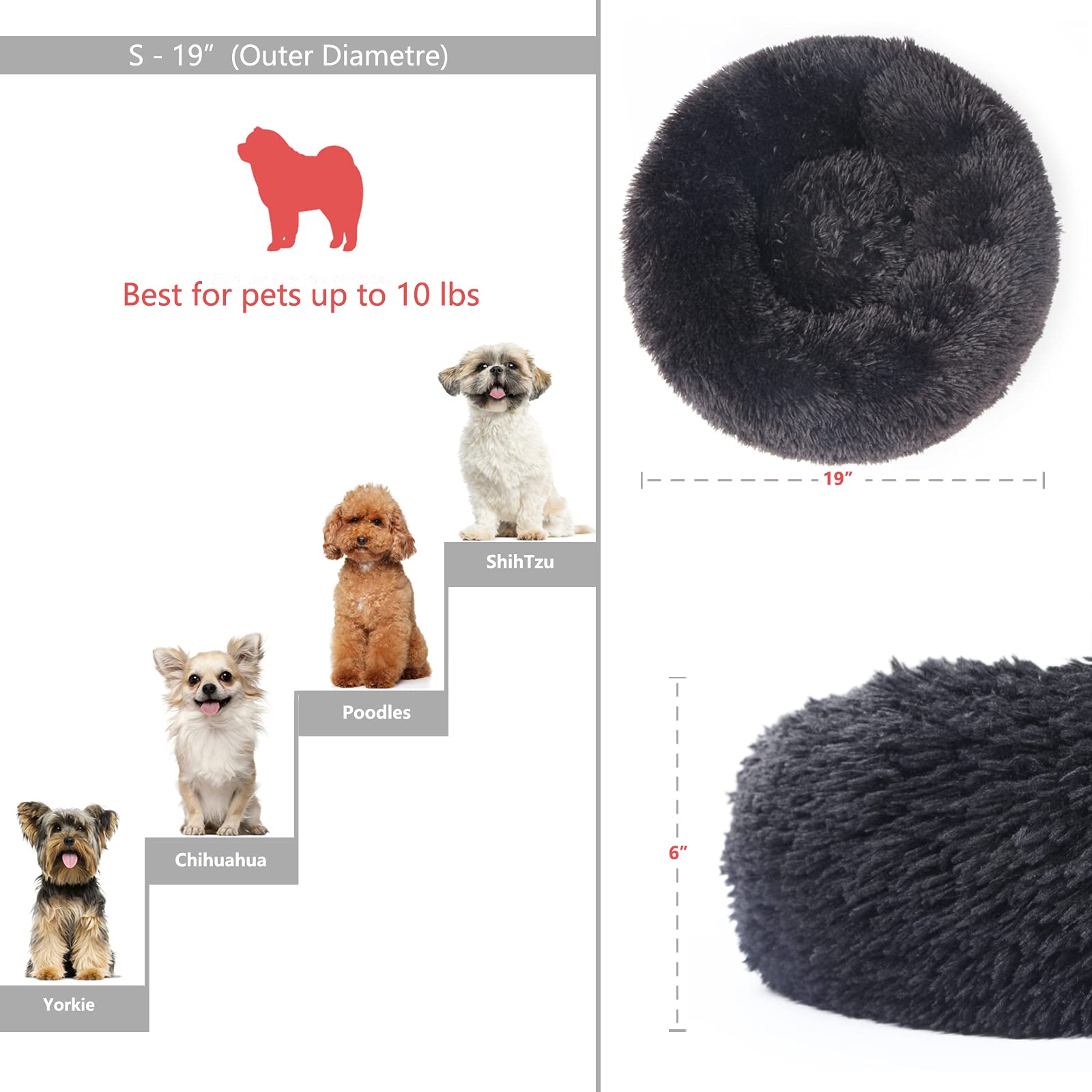 Black Dog Bed Washable,Fluffy Dog Beds For Small Dogs 19 Inches Donut Soft Small Pet Bed,Calming Anti Anxiety Round Fits Up To 1