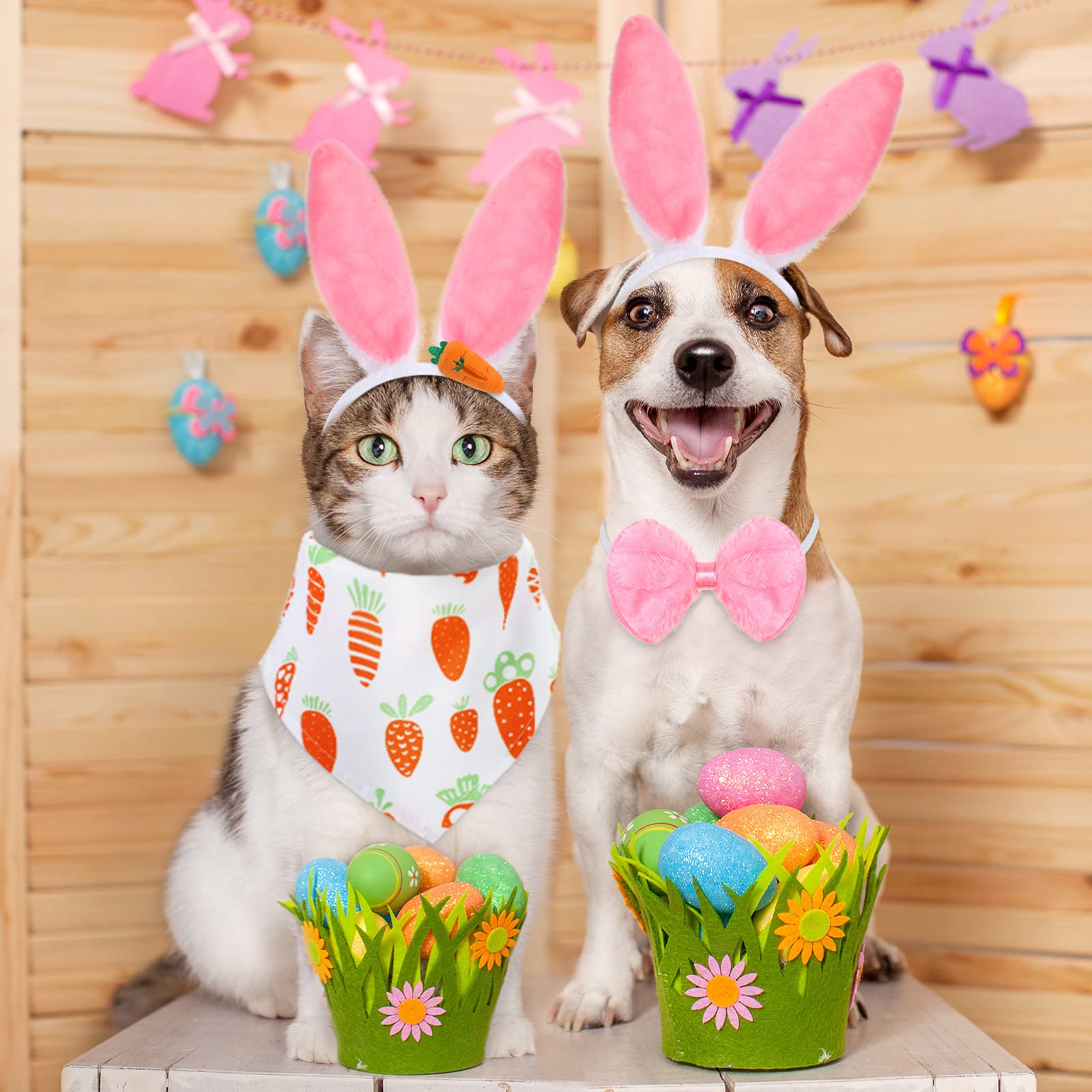 7 Pieces Easter Dog Bunny Costume Set, Pet Bunny Ears Headband, Pink Tutu Skirt, Triangle Bibs Pet Scarf With Tail, Bow Tie Coll