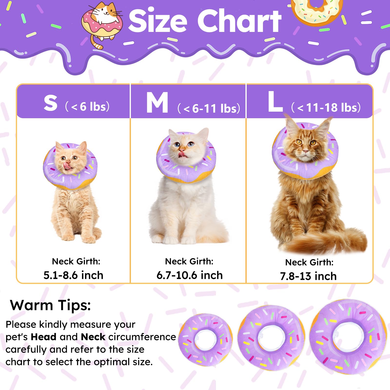 Cat Cone Collar Soft, Cat Recovery Collar for Wound Healing Cute Donut Adjustable Kitten Cones to Stop Licking Comfortable Light