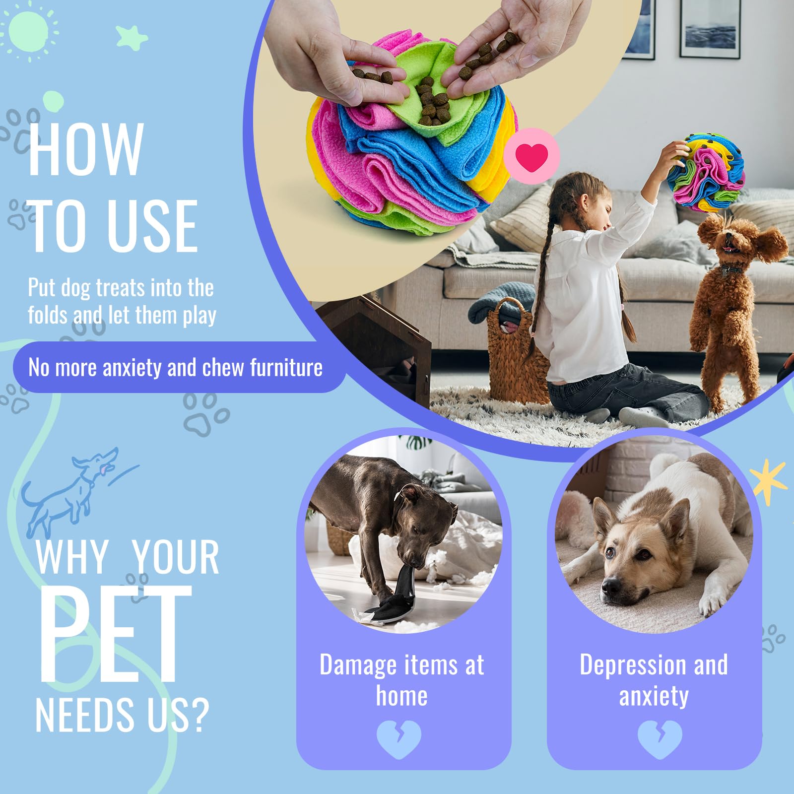 Larimuer Pet Snuffle Ball, Puzzle Sniffing Interactive Dog Toy For Blind Dogs Training, Stress Relief, Dog Enrichment, Treat Bal