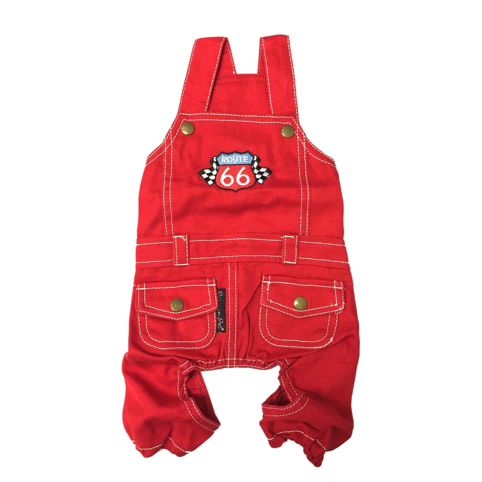 Parisian Pet Denim Overall - Embroidered 'Route 66' Red Jumpsuit - Breathable Costume - Machine Washable Outfit - Overalls For L